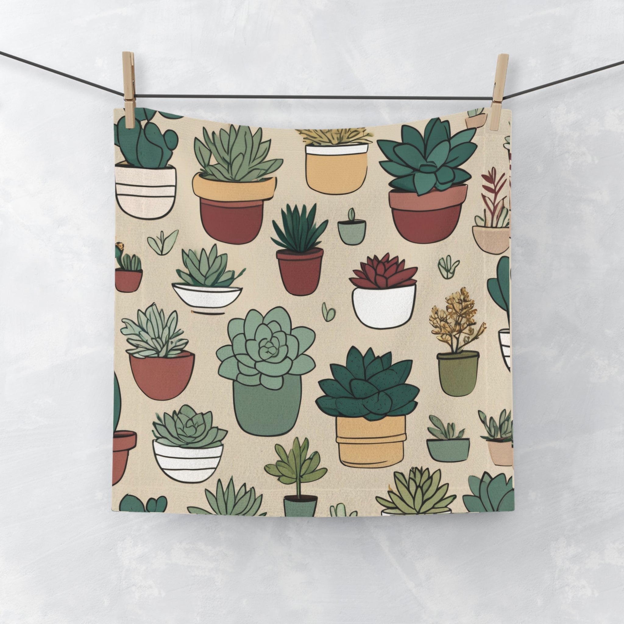 Succulent Pattern Face Towel – Cute Potted Plants Design