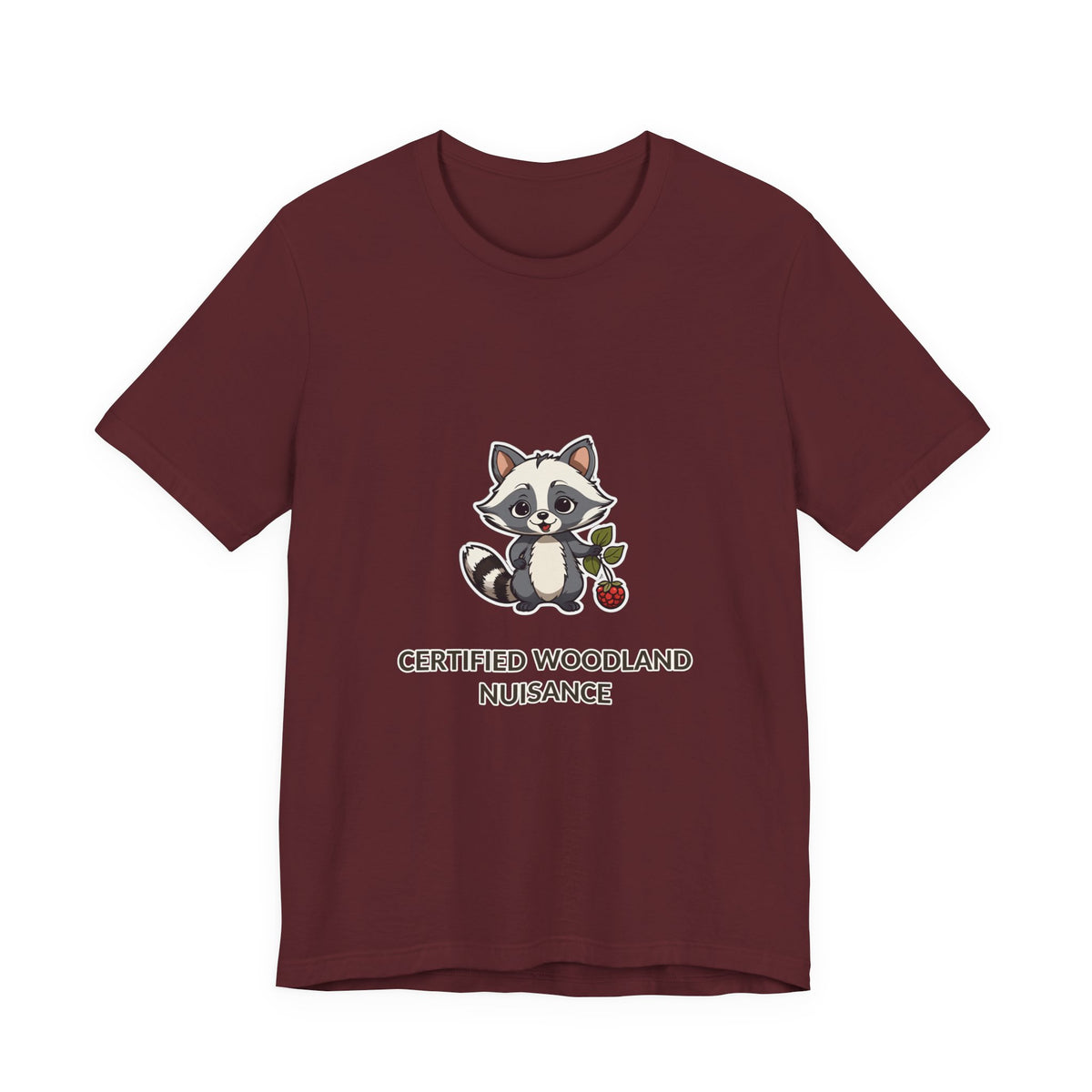 Certified Woodland Nuisance Tee in Maroon, original woodland design by Bramblewick