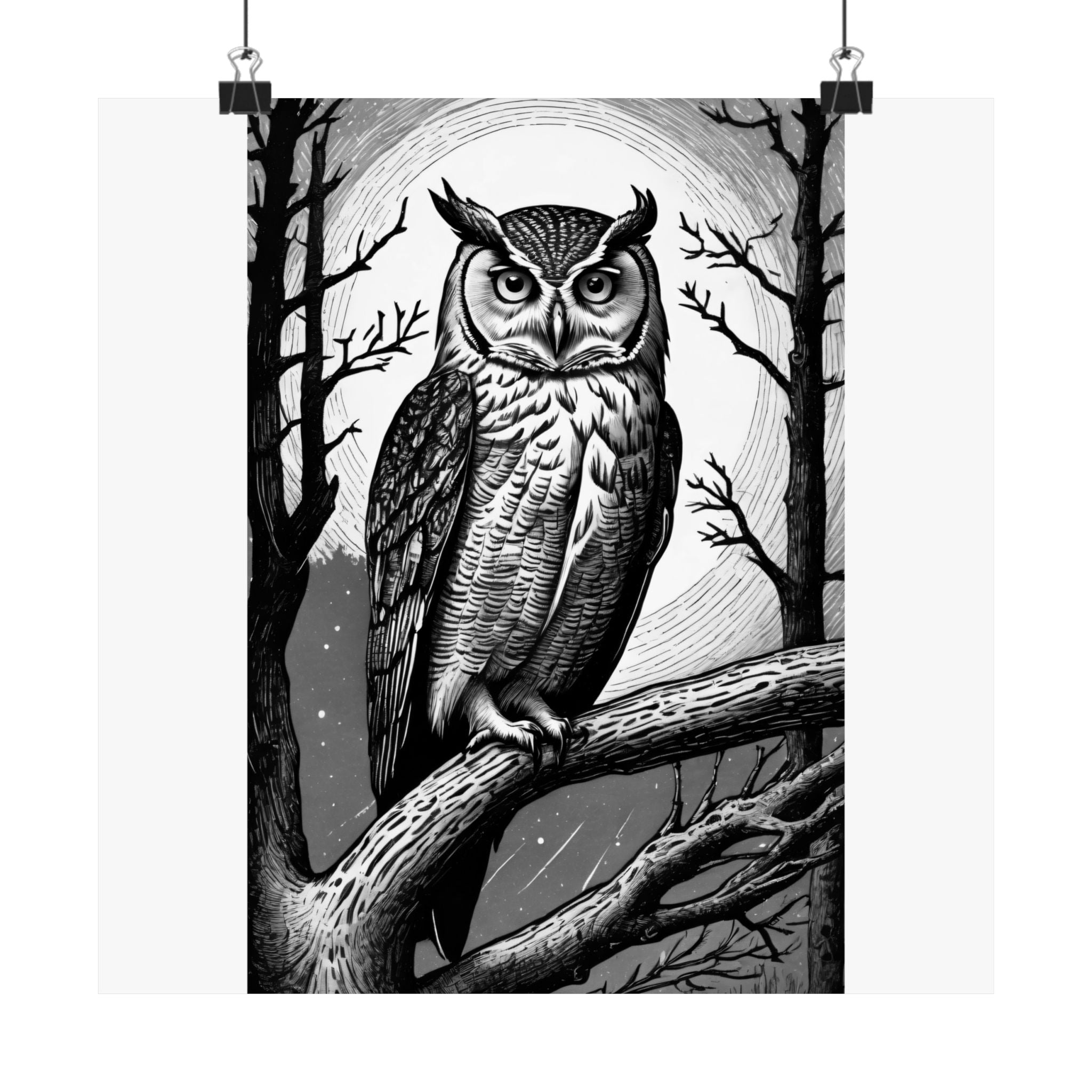 Owl Moon Matte Poster — Black & White Wildlife Wall Art