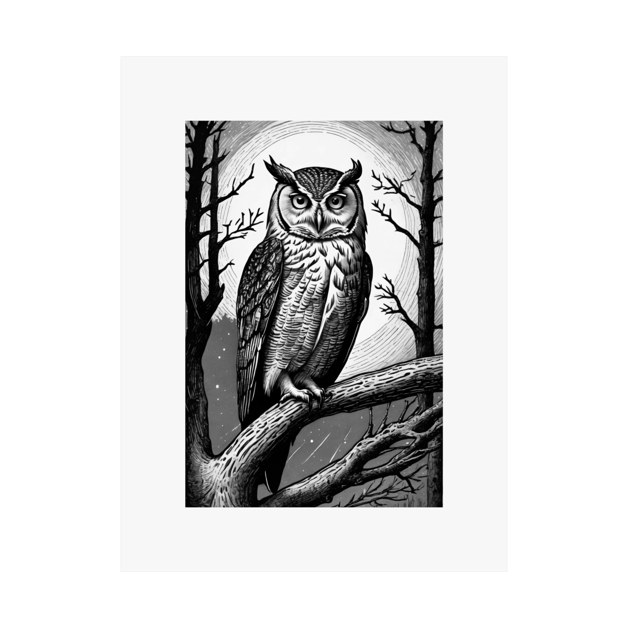 Owl Moon Matte Poster — Black & White Wildlife Wall Art