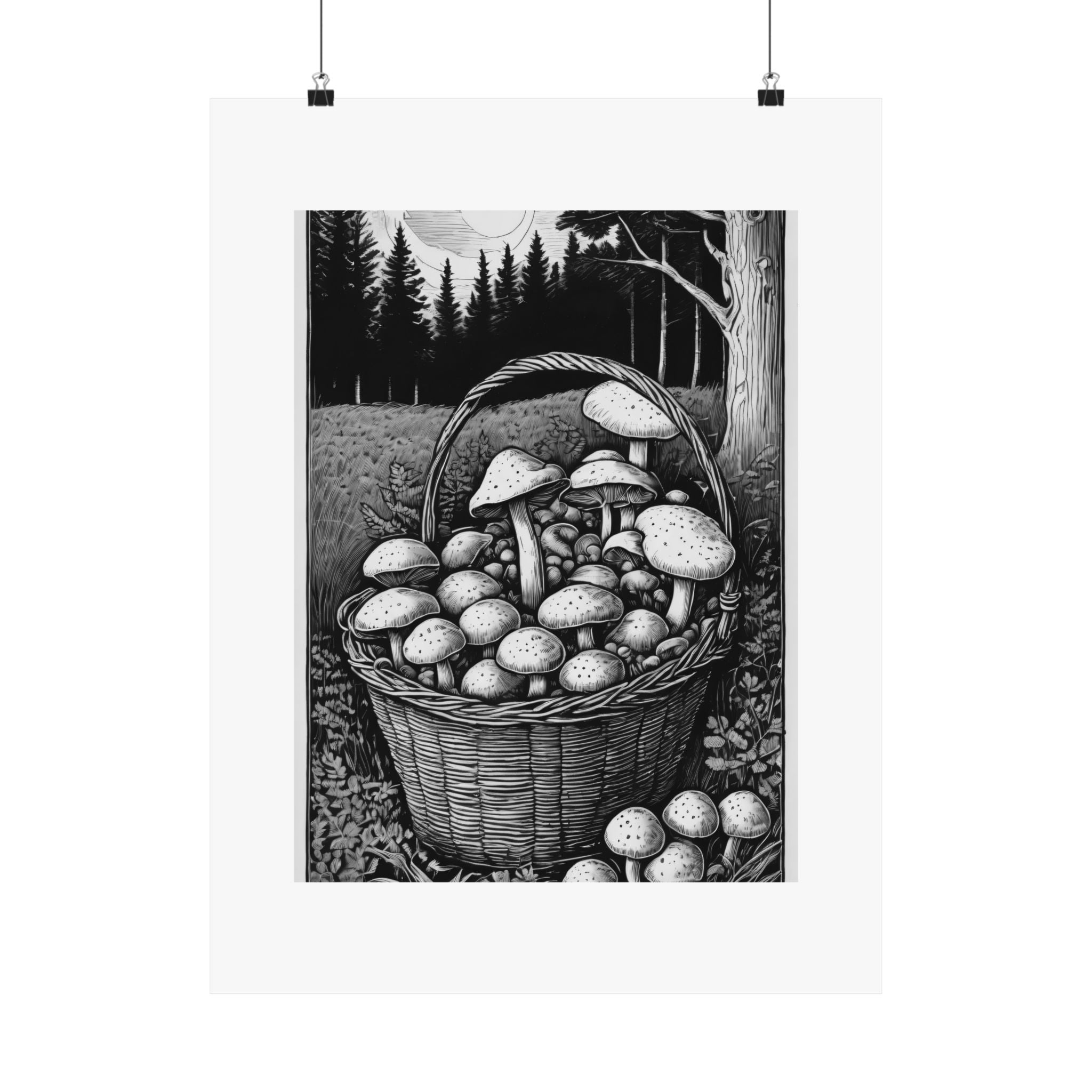 Mushroom Basket Matte Poster — Black & White Forest Illustration
