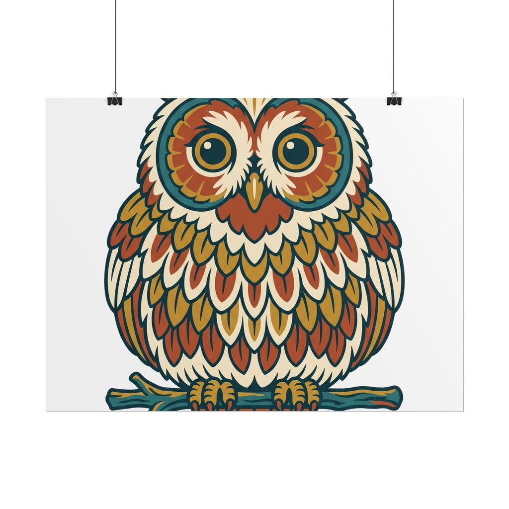 Round Owl Poster, original woodland wall art printed to order