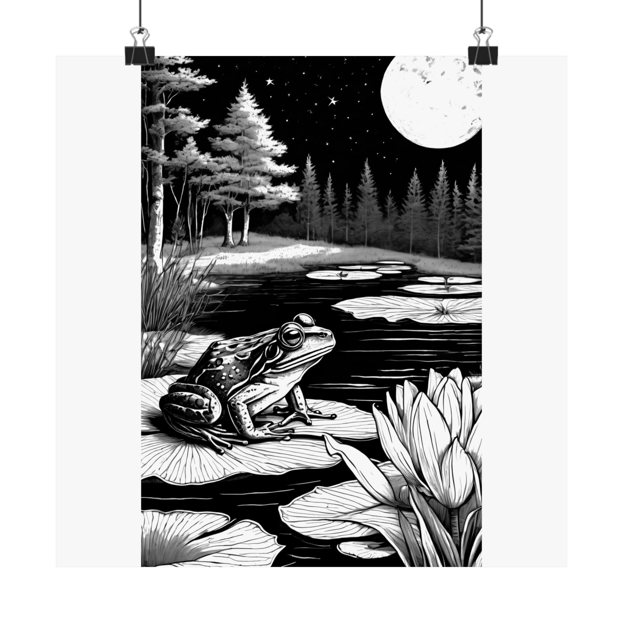 Matte Vertical Poster — Moonlit Frog Pond Black & White Illustration