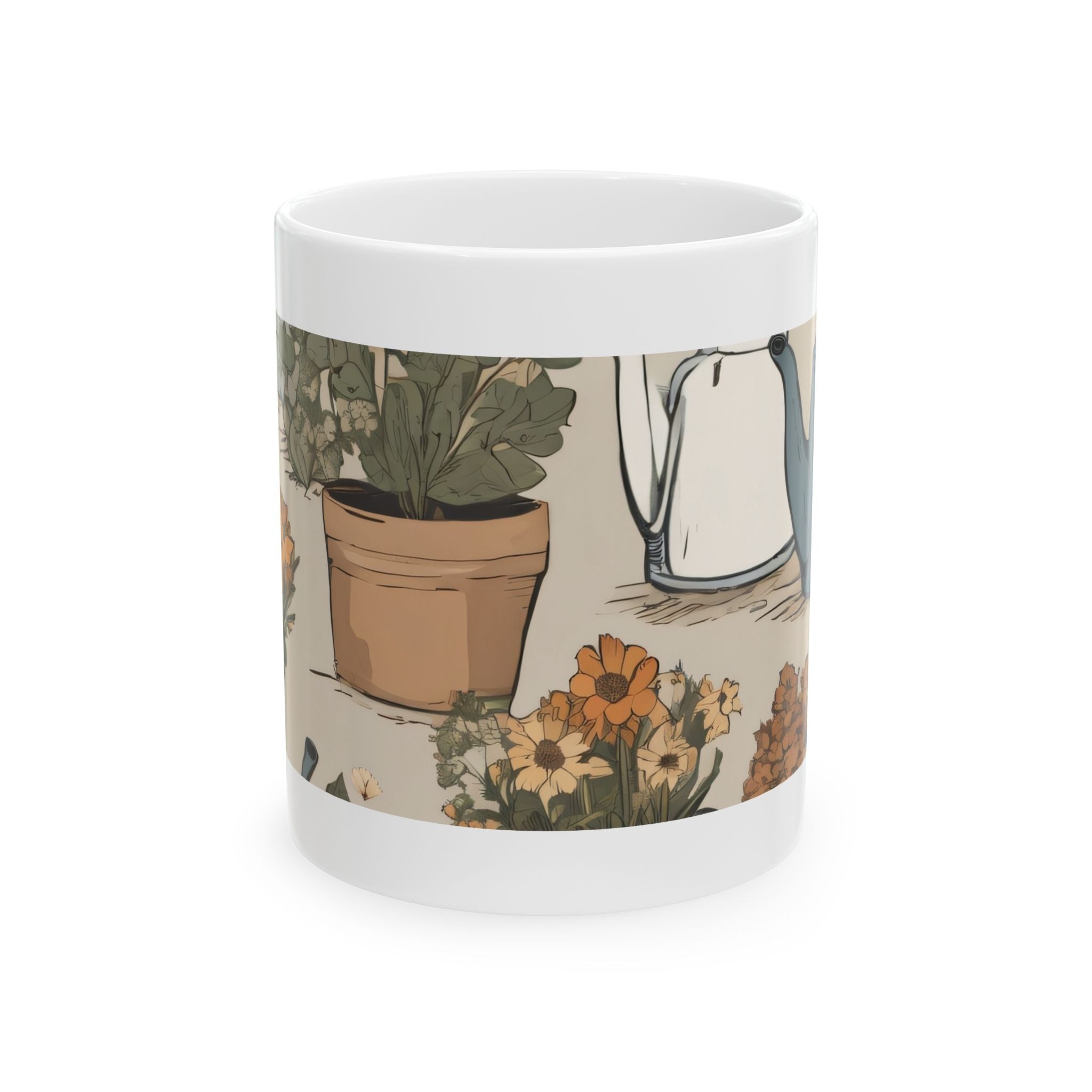 Botanical Garden Ceramic Mug – Vintage Watering Can & Potted Flowers (11oz, 15oz)