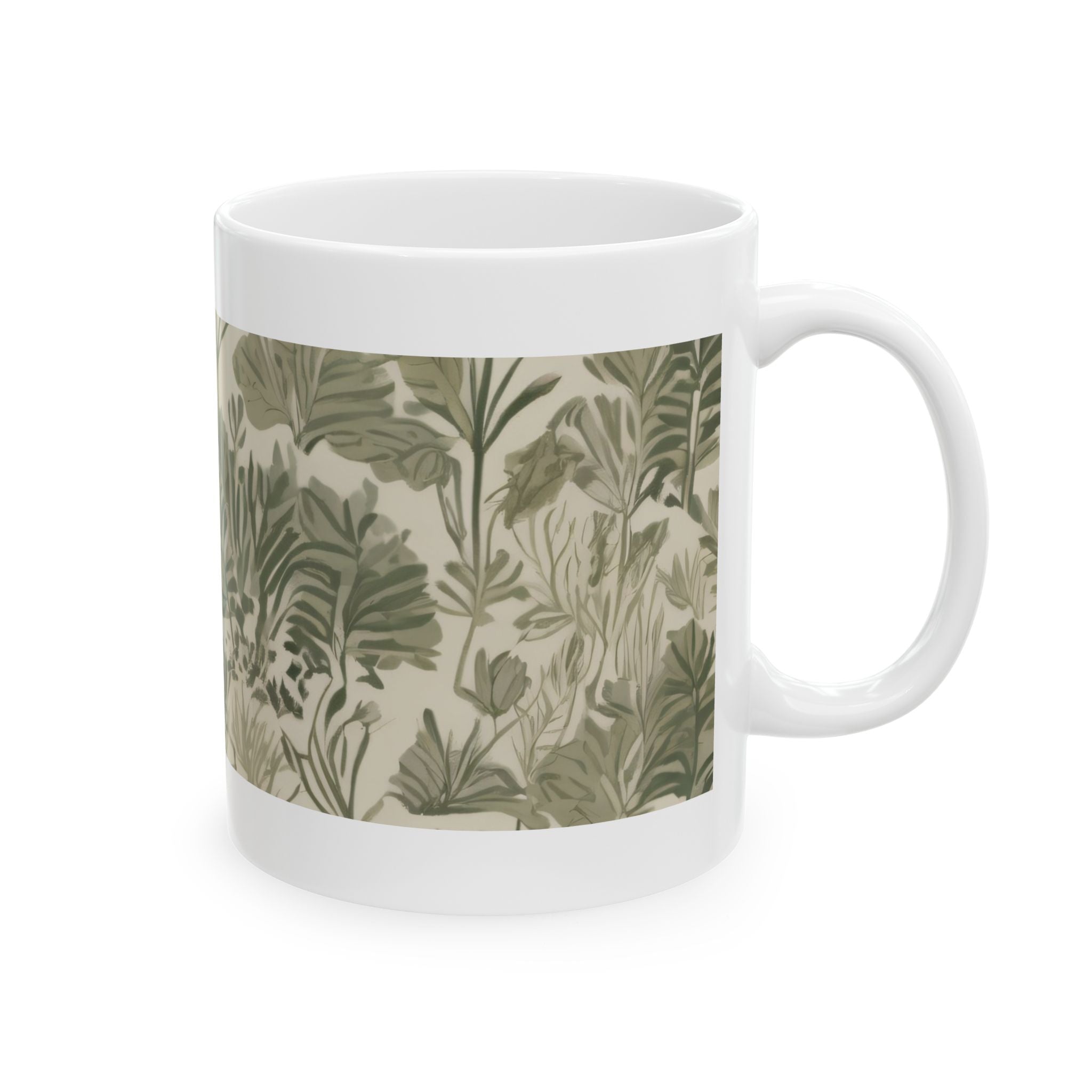 Botanical Leaves Ceramic Mug — Green Tropical Pattern Coffee Cup (11oz, 15oz)