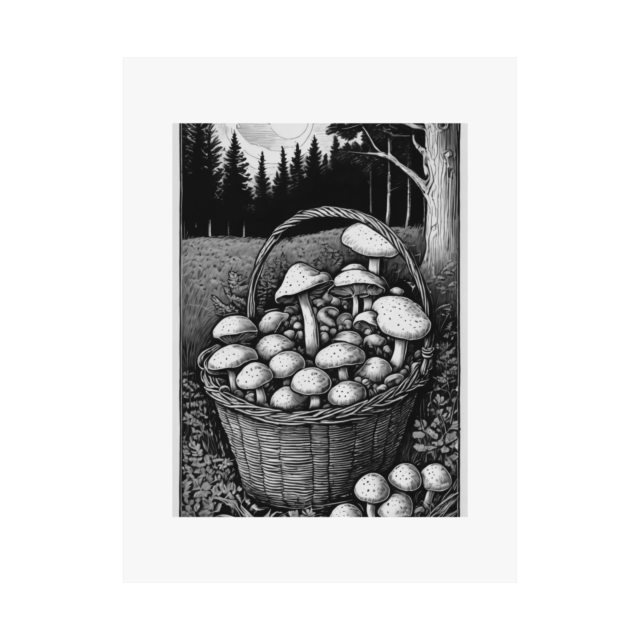 Mushroom Basket Matte Poster — Black & White Forest Illustration