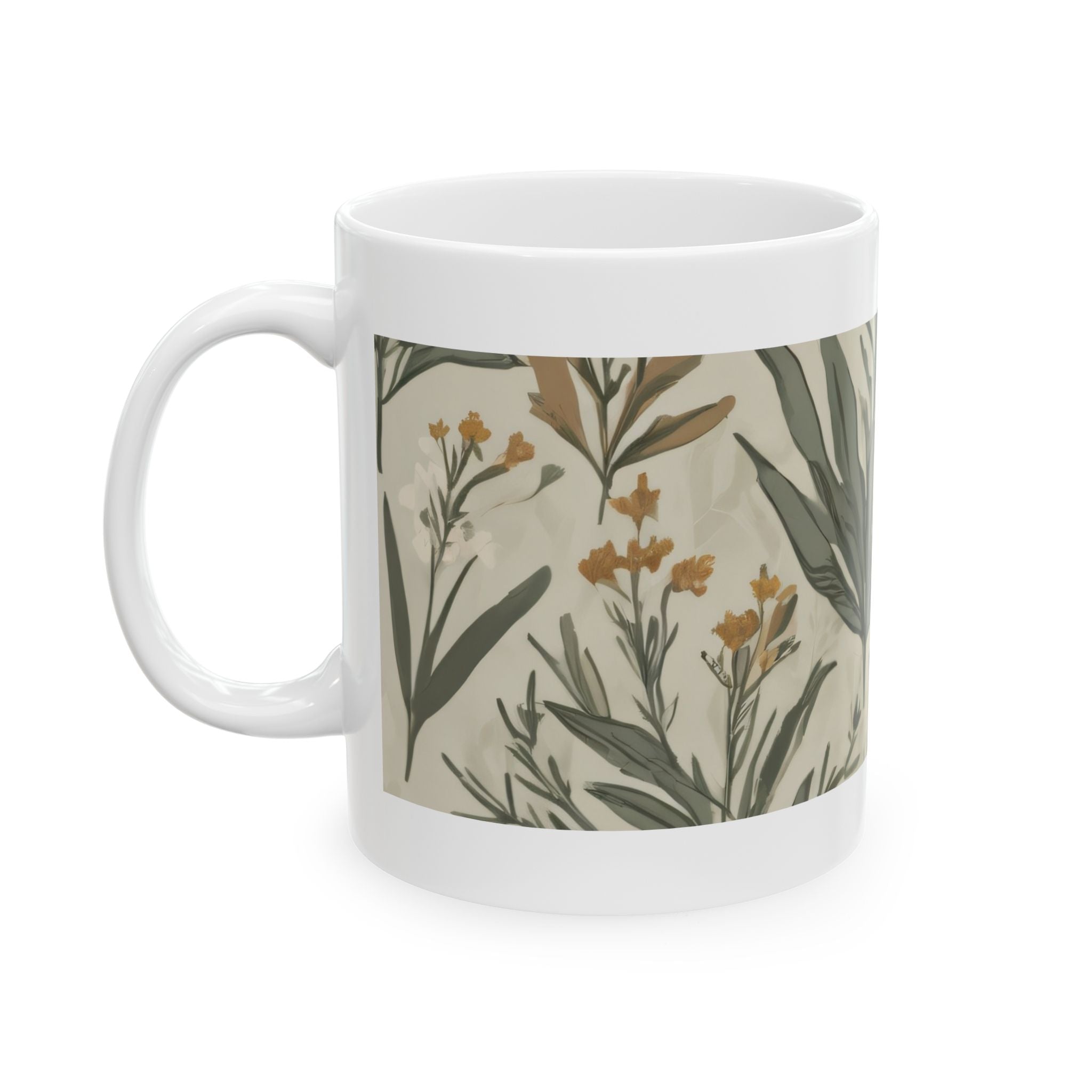 Botanical Leaves Ceramic Mug – Neutral Green Floral Coffee Cup (11oz, 15oz)