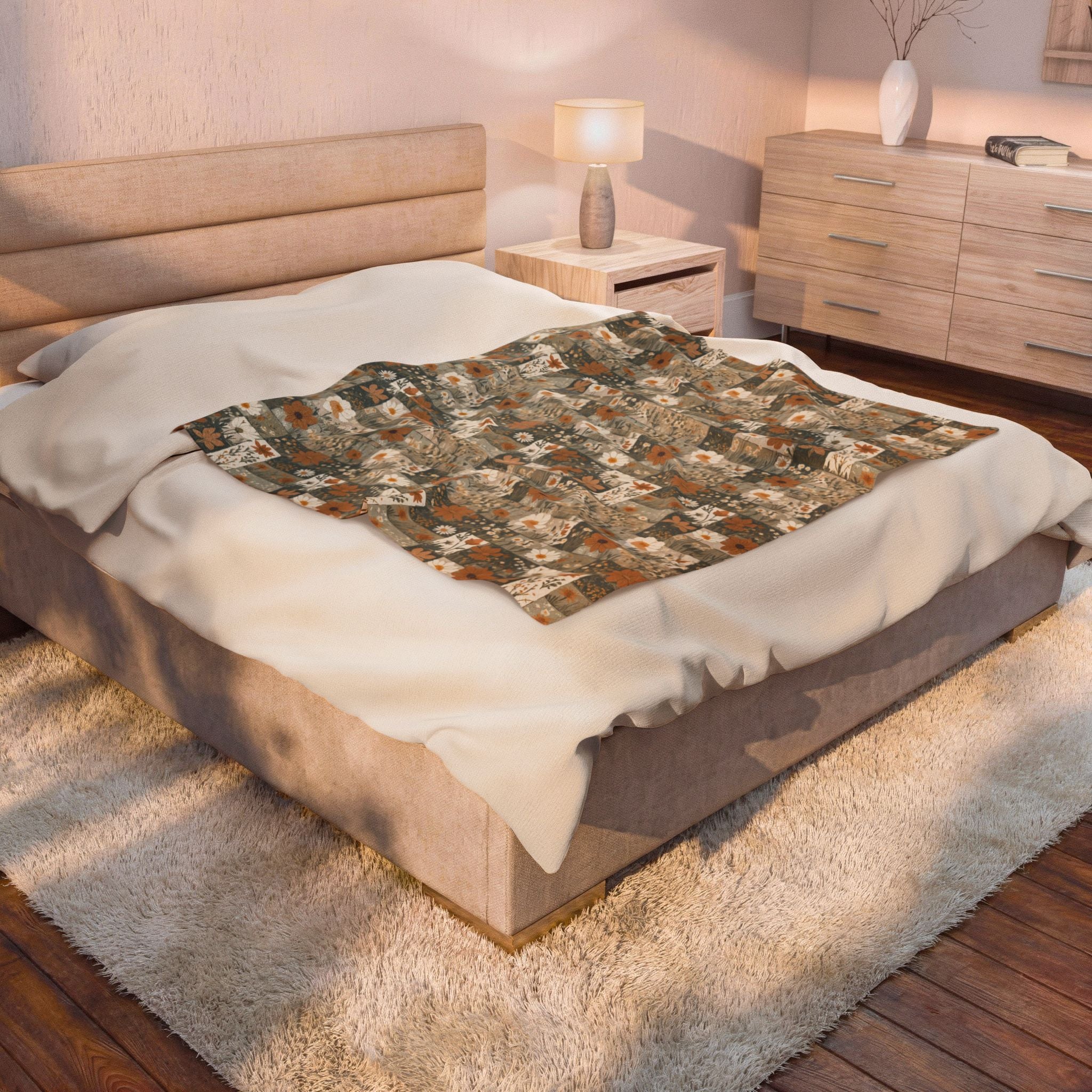 Patchwork Floral Velveteen Plush Blanket – Cozy Boho Throw for Home & Fall Décor