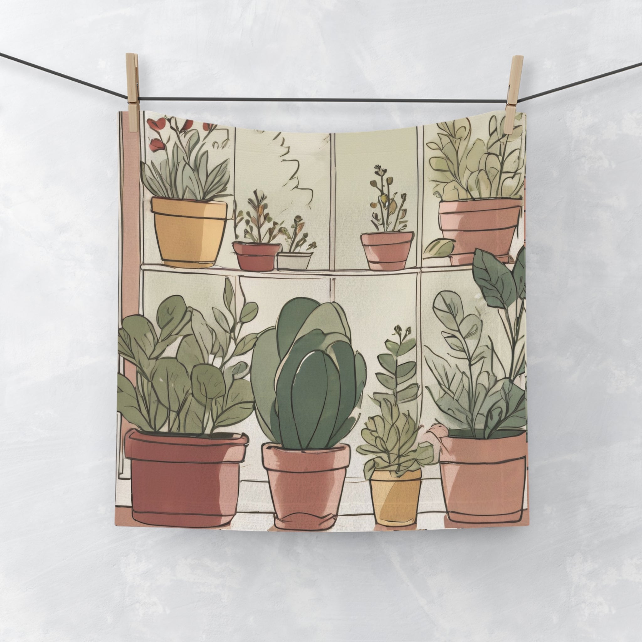 Potted Plants Window Face Towel — Botanical Home Spa Face Cloth