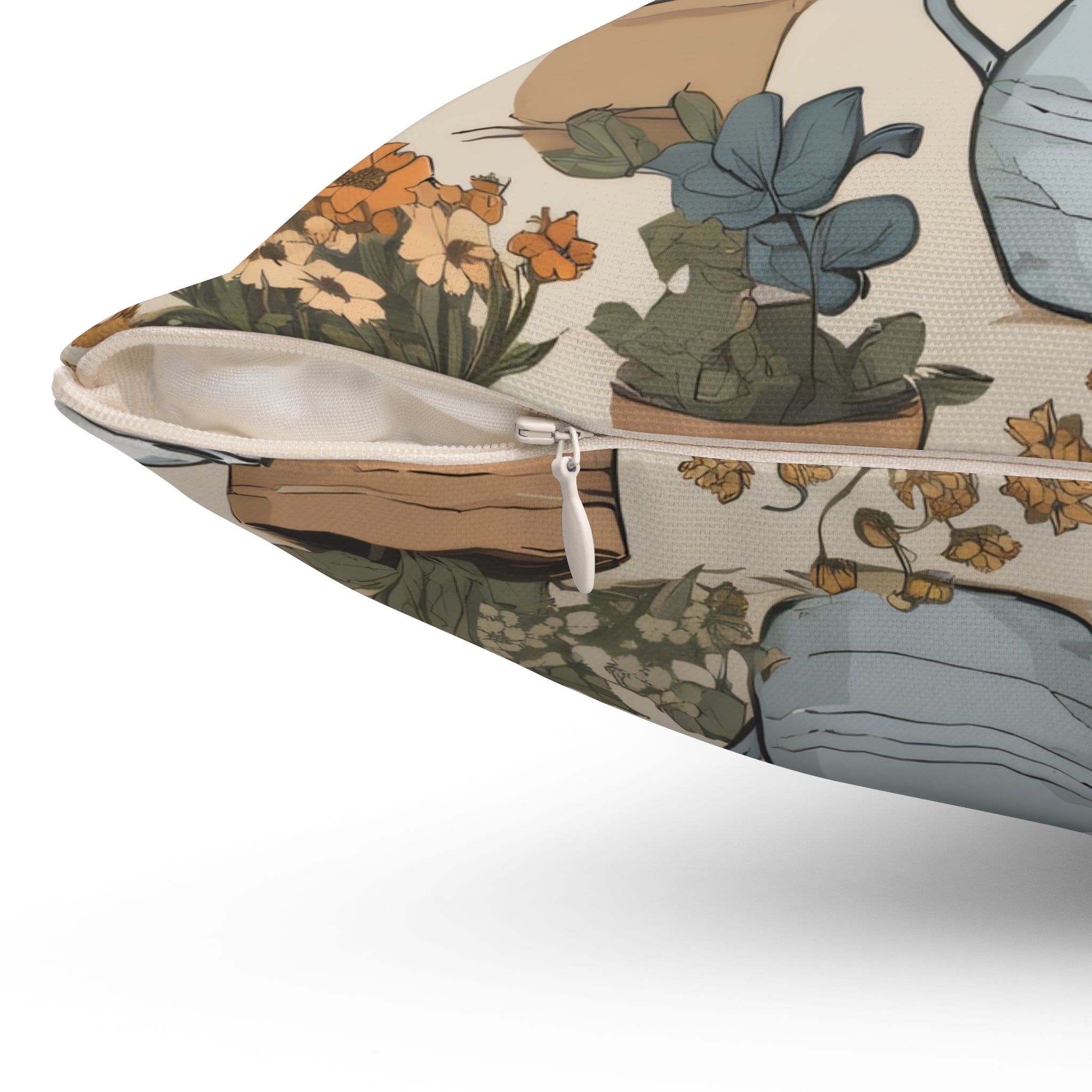 Garden Watering Can Floral Pillow — Vintage Botanical Throw Cushion