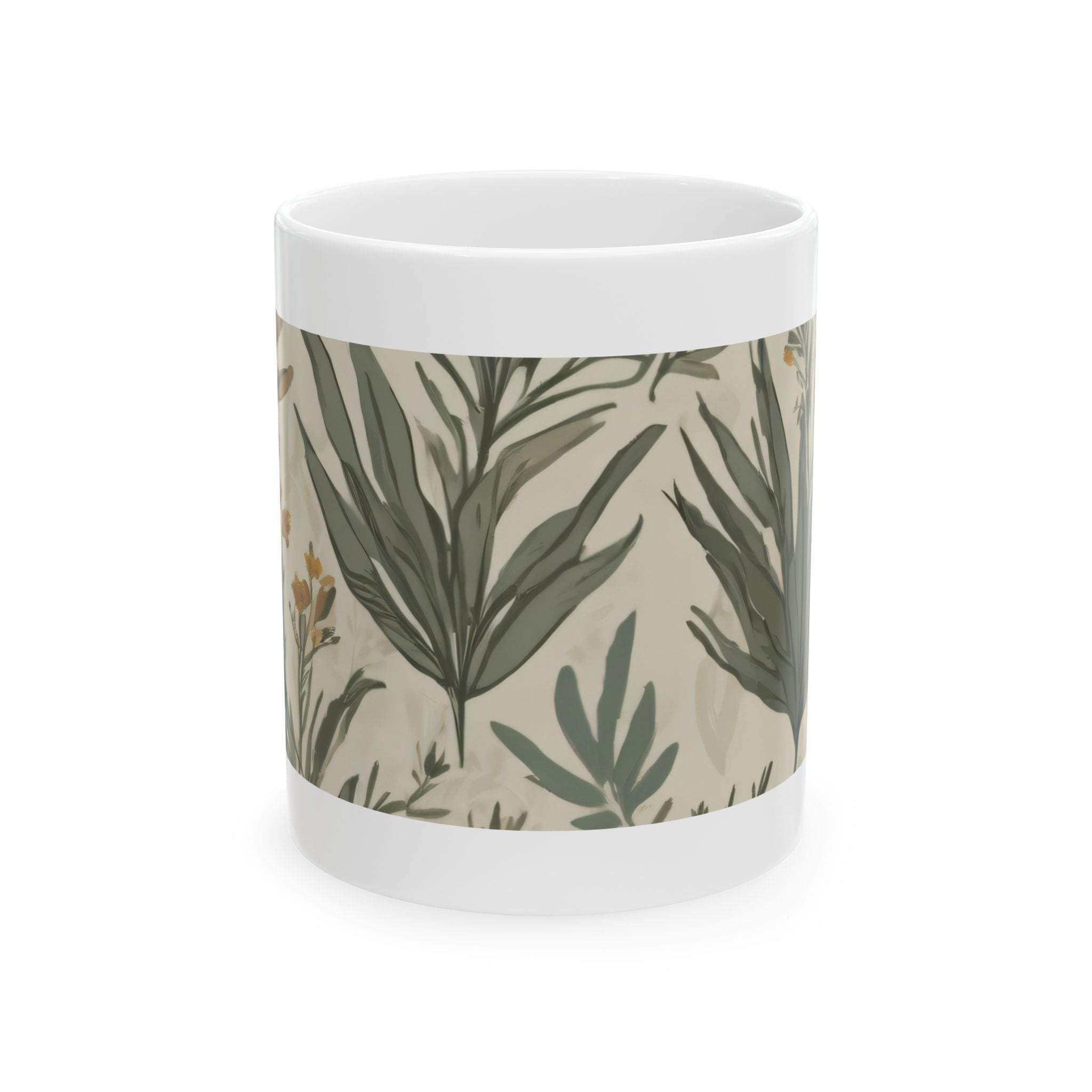 Botanical Leaves Ceramic Mug – Neutral Green Floral Coffee Cup (11oz, 15oz)