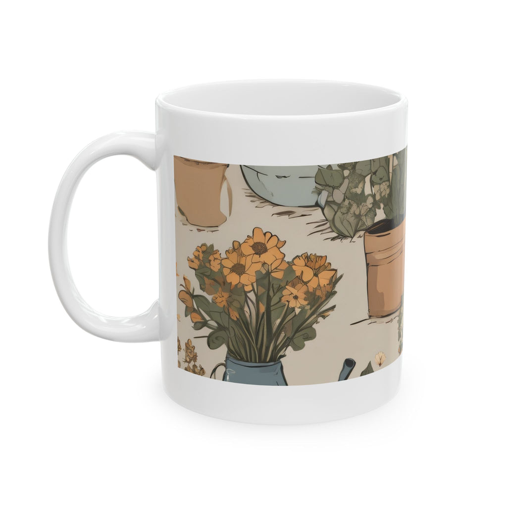 Botanical Garden Ceramic Mug – Vintage Watering Can & Potted Flowers (11oz, 15oz)