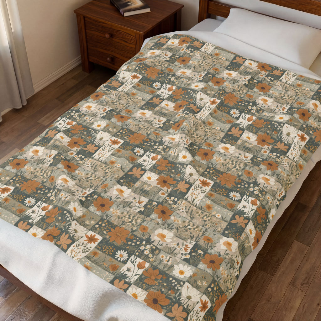 Patchwork Floral Velveteen Plush Blanket – Cozy Boho Throw for Home & Fall Décor