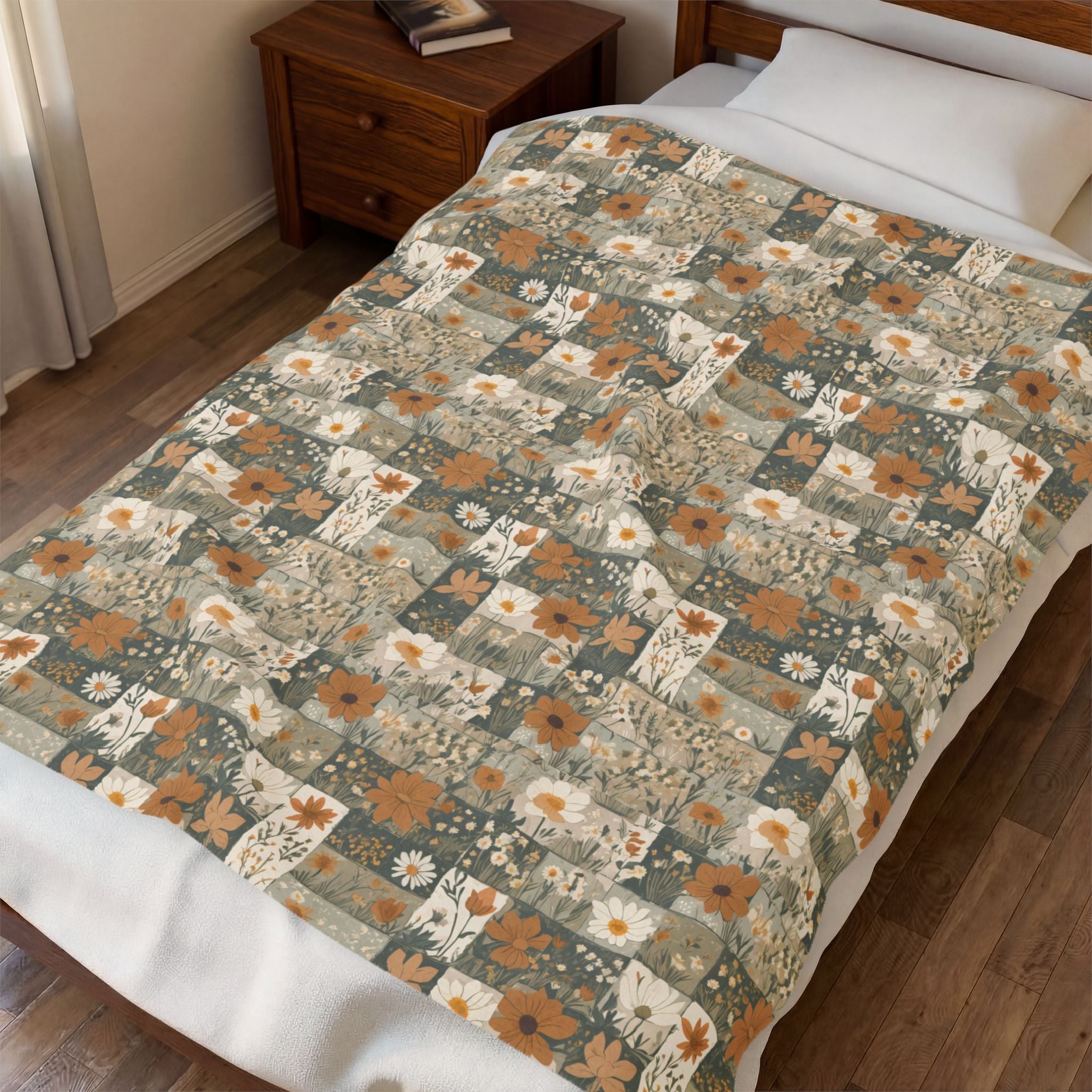 Patchwork Floral Velveteen Plush Blanket – Cozy Boho Throw for Home & Fall Décor