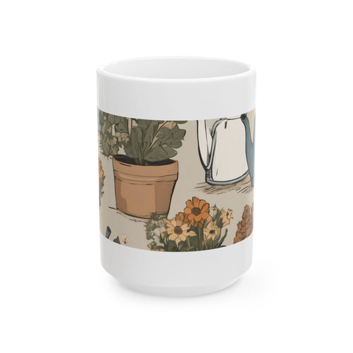 Botanical Garden Ceramic Mug – Vintage Watering Can & Potted Flowers (11oz, 15oz)