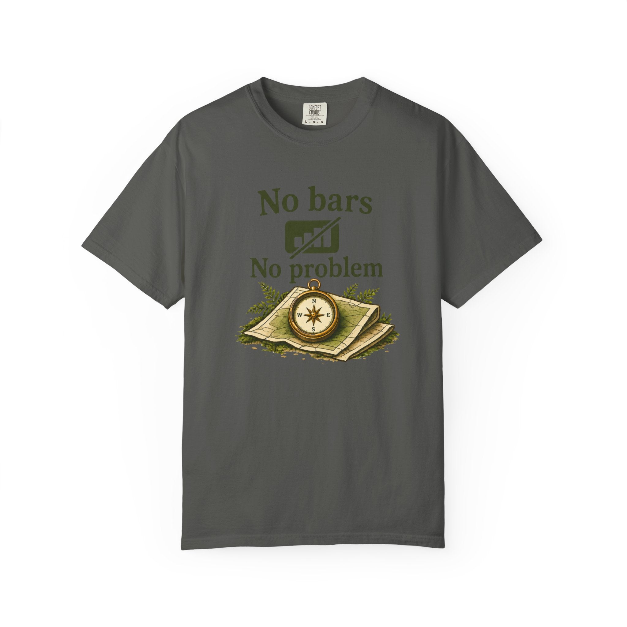 T-Shirt — "No bars No problem" Compass & Map Adventure Tee