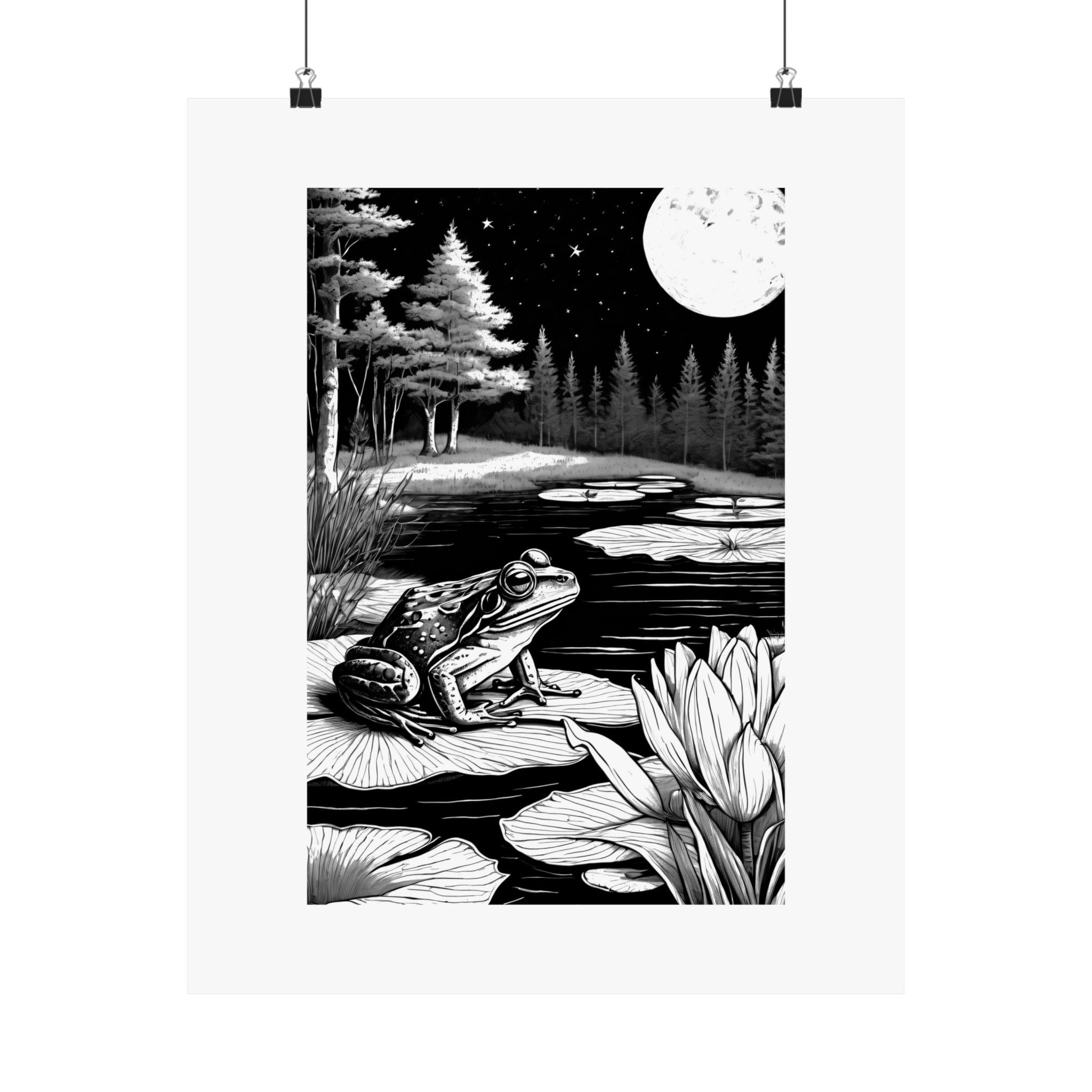 Matte Vertical Poster — Moonlit Frog Pond Black & White Illustration