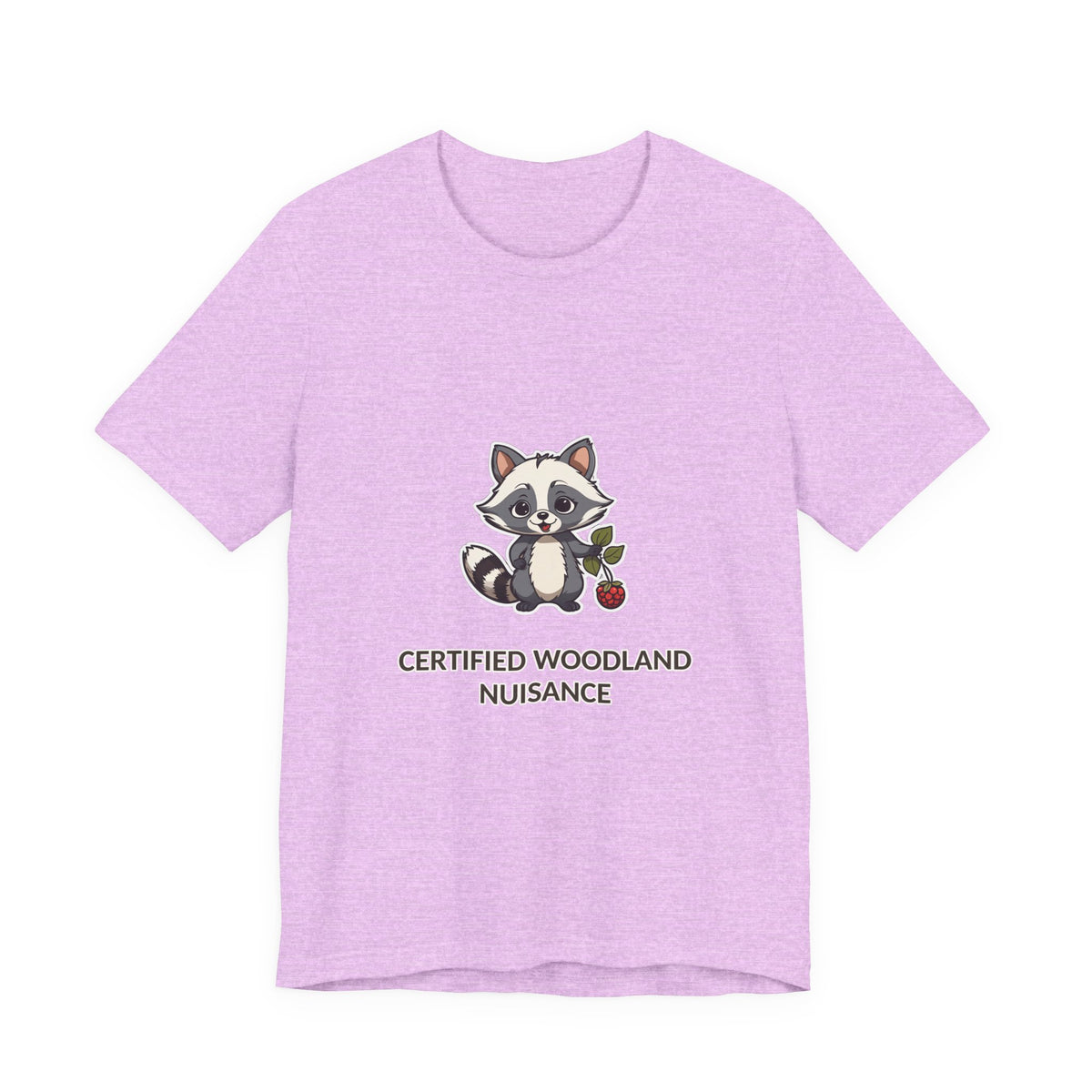 Certified Woodland Nuisance Tee in Heather Prism Lilac, original woodland design by Bramblewick