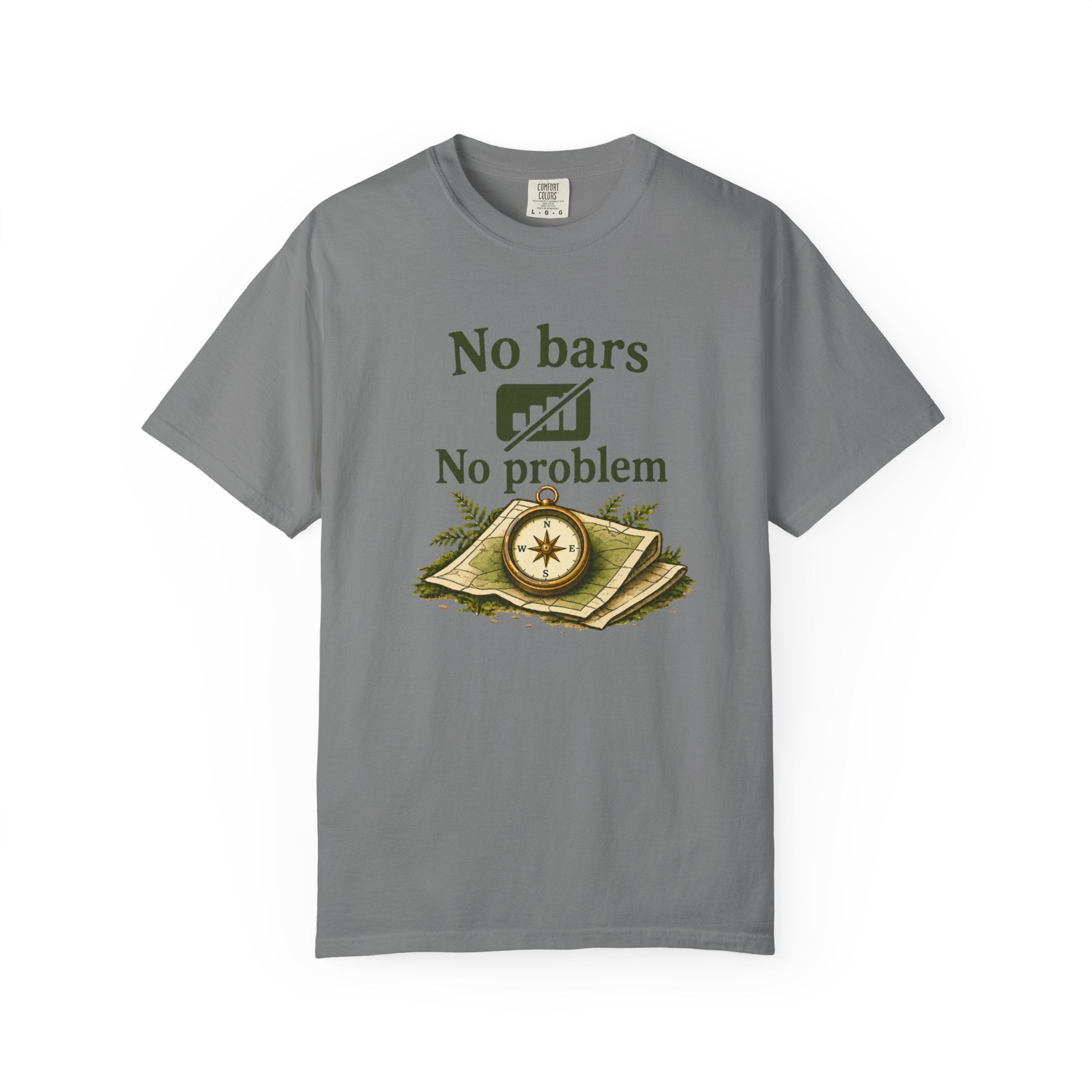 T-Shirt — "No bars No problem" Compass & Map Adventure Tee