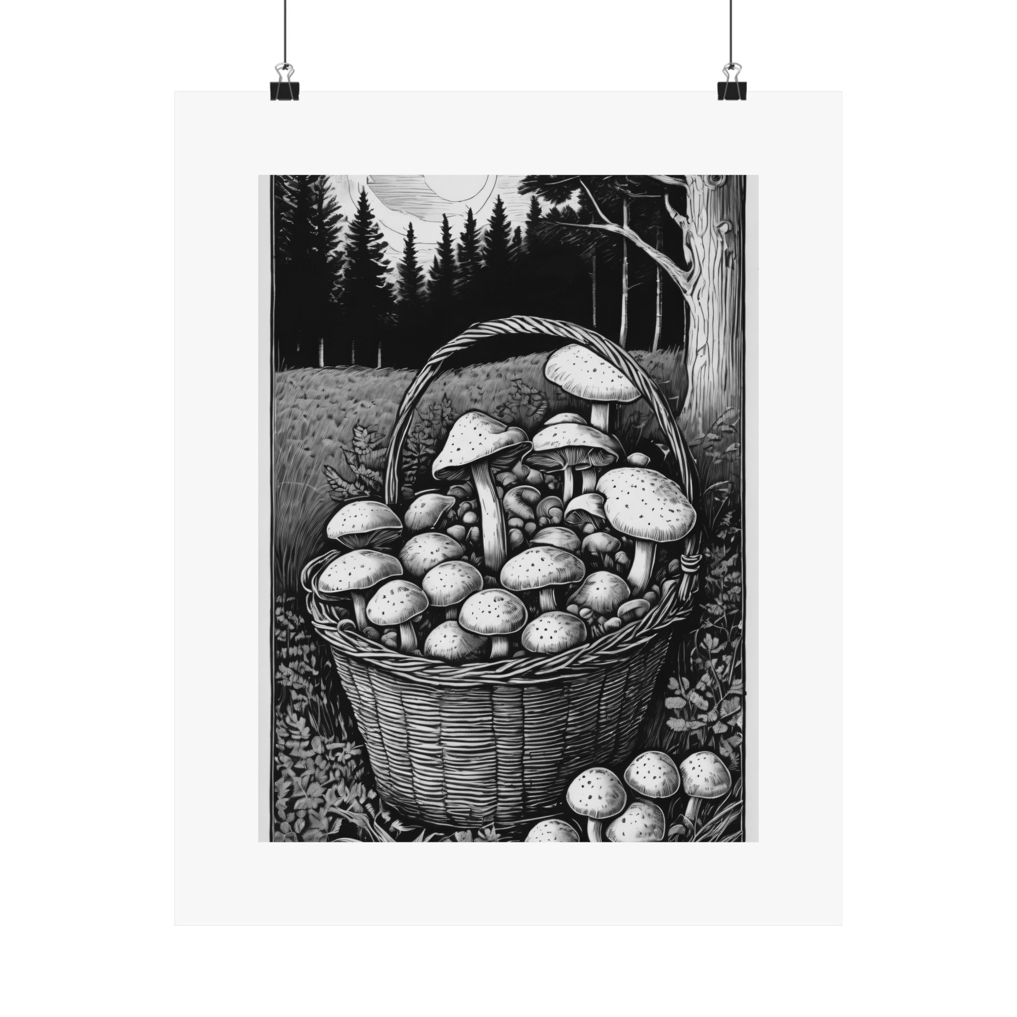 Mushroom Basket Matte Poster — Black & White Forest Illustration