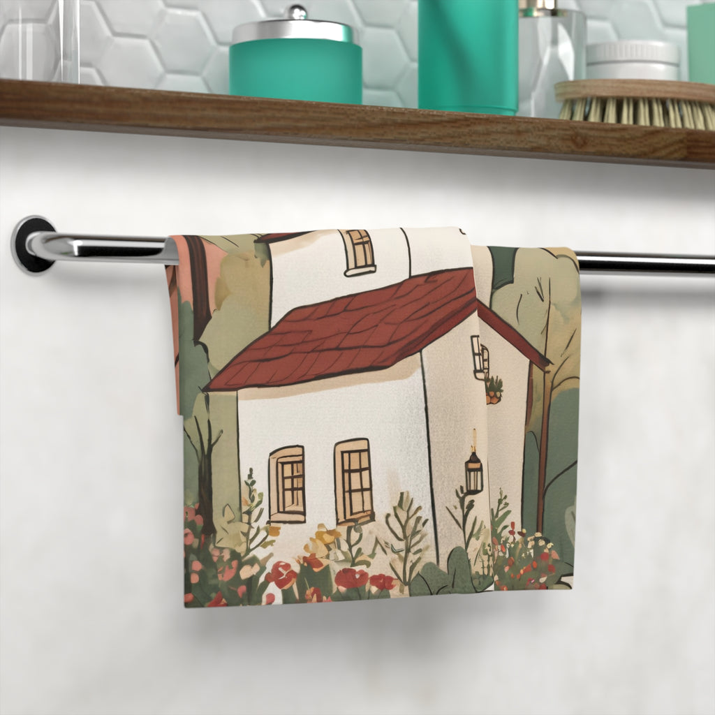 Cozy Cottage Face Towel — Autumn Floral House Illustration