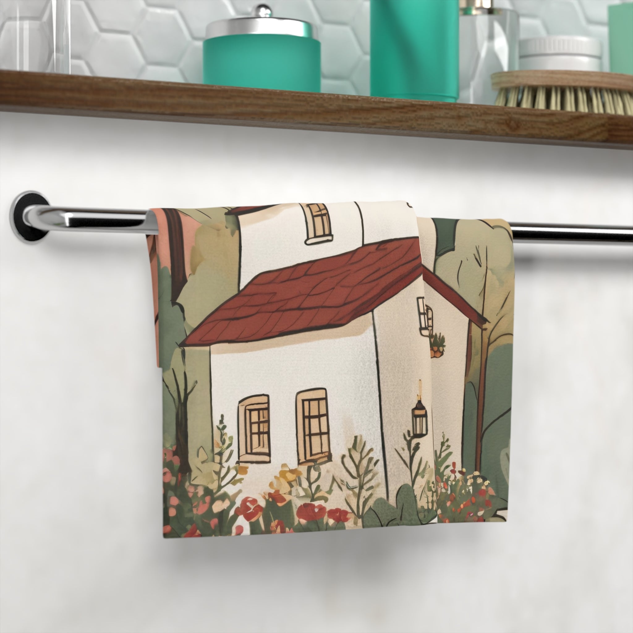 Cozy Cottage Face Towel — Autumn Floral House Illustration