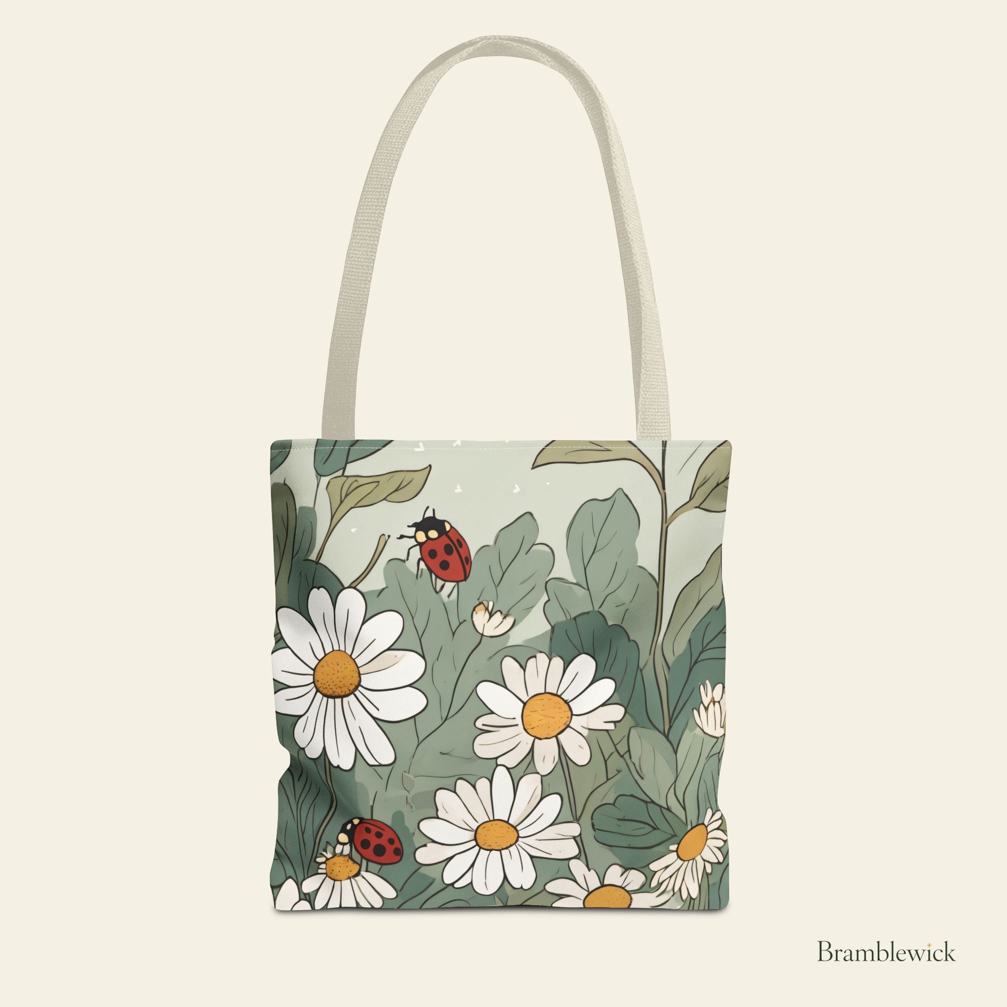 Daisy & Ladybug Tote Bag – Floral Spring Garden All-Over Print