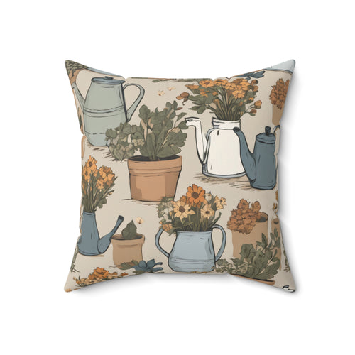 Garden Watering Can Floral Pillow — Vintage Botanical Throw Cushion