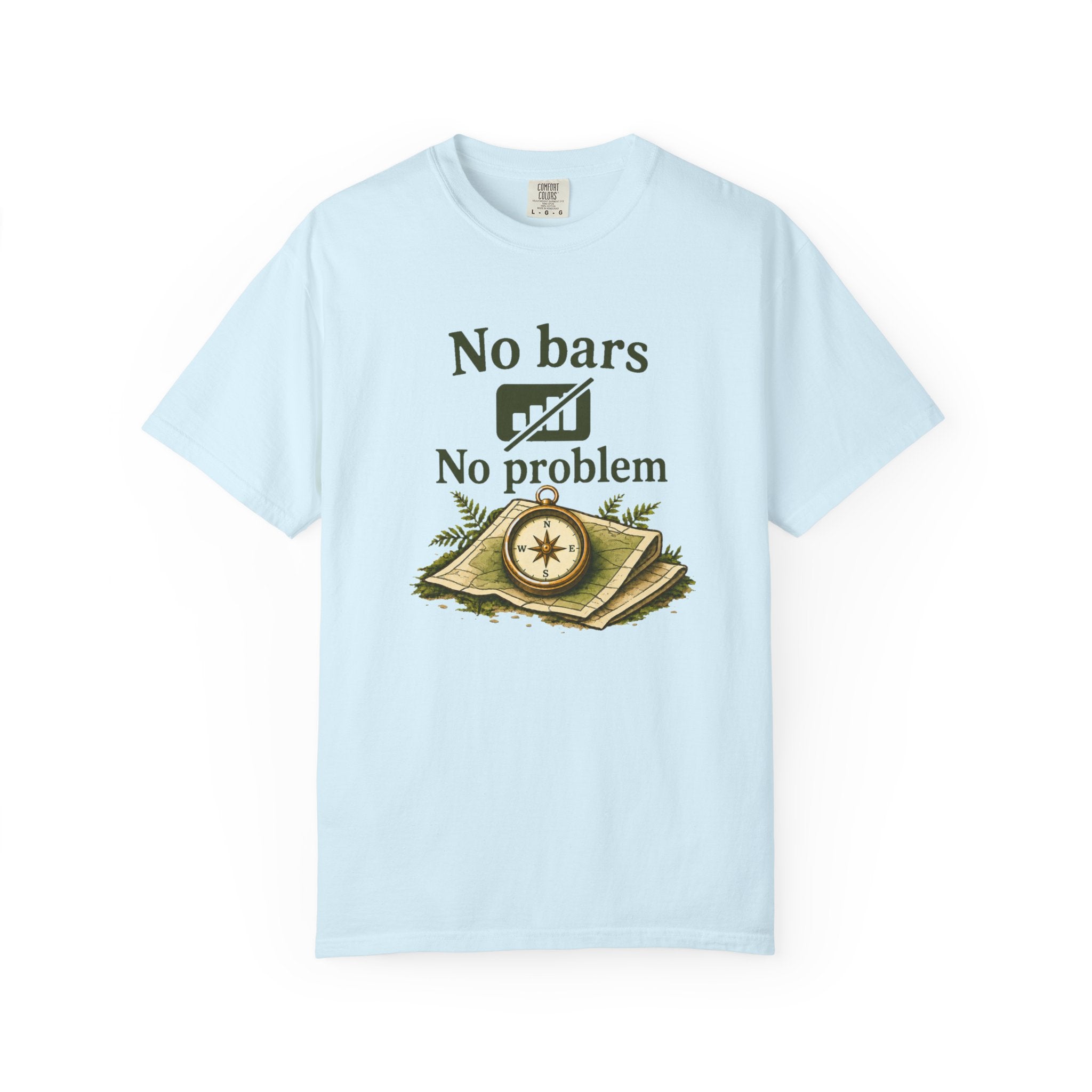 T-Shirt — "No bars No problem" Compass & Map Adventure Tee