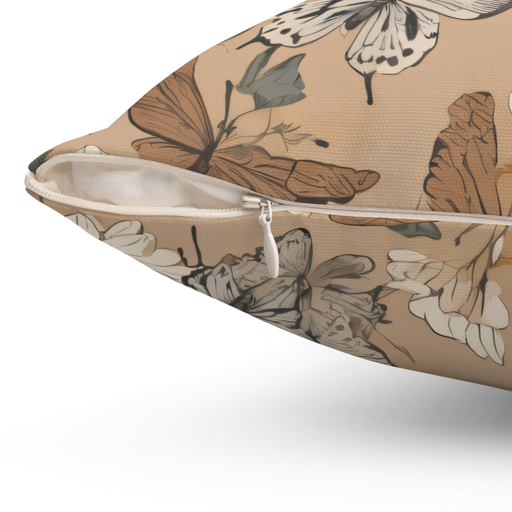 Daisy & Butterfly Decorative Pillow — Neutral Boho Floral Throw Cushion