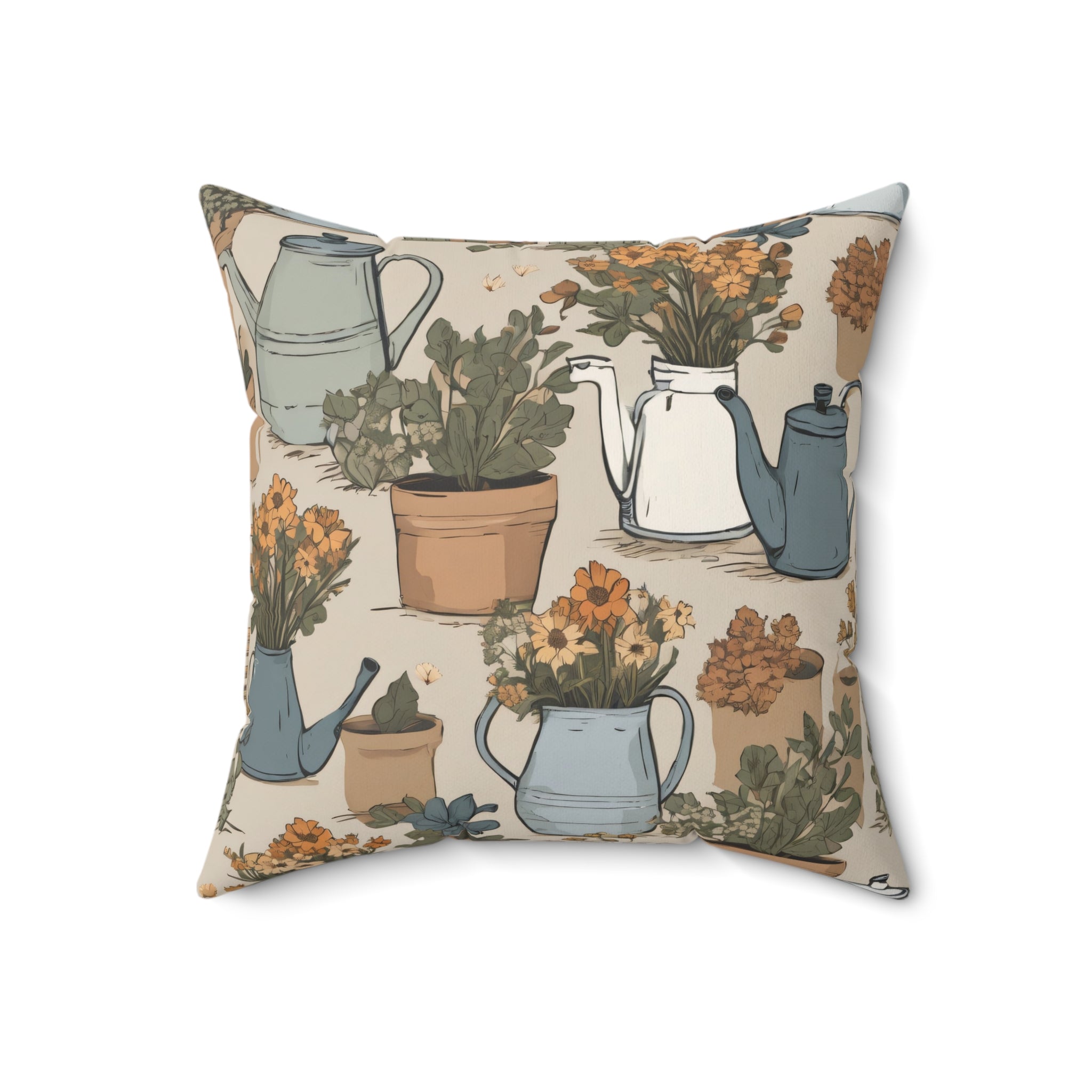 Garden Watering Can Floral Pillow — Vintage Botanical Throw Cushion