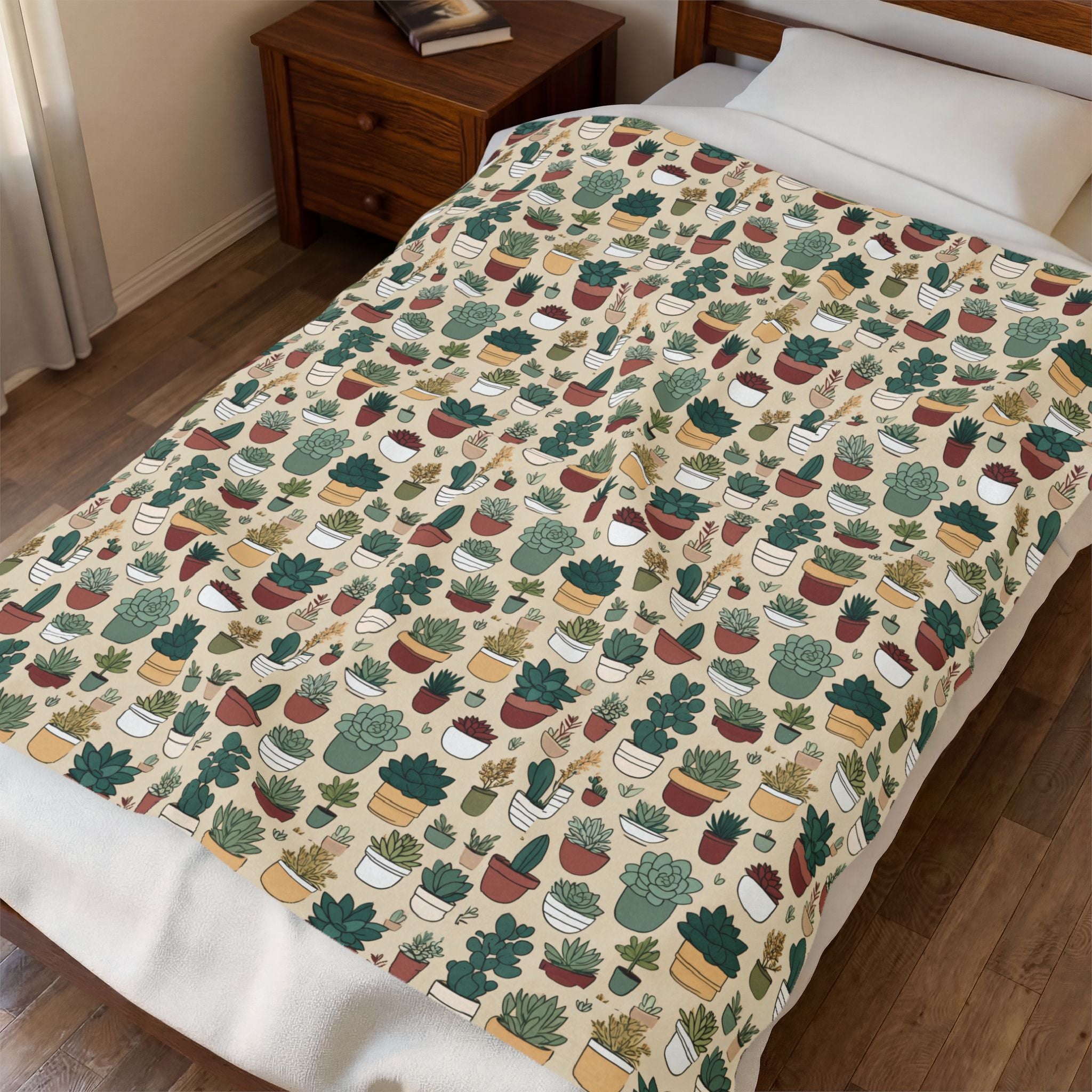 Succulent Pattern Velveteen Plush Blanket — Cozy Plant Lover Throw