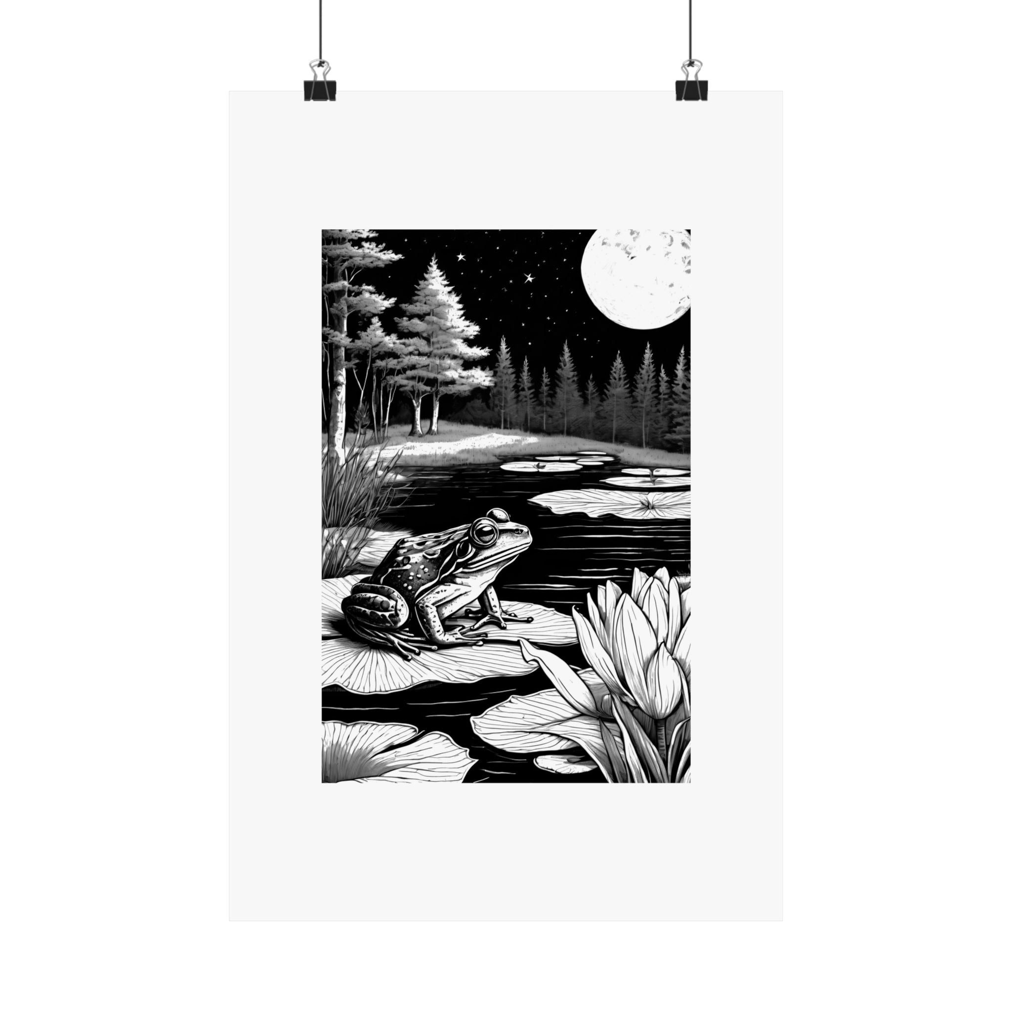 Matte Vertical Poster — Moonlit Frog Pond Black & White Illustration