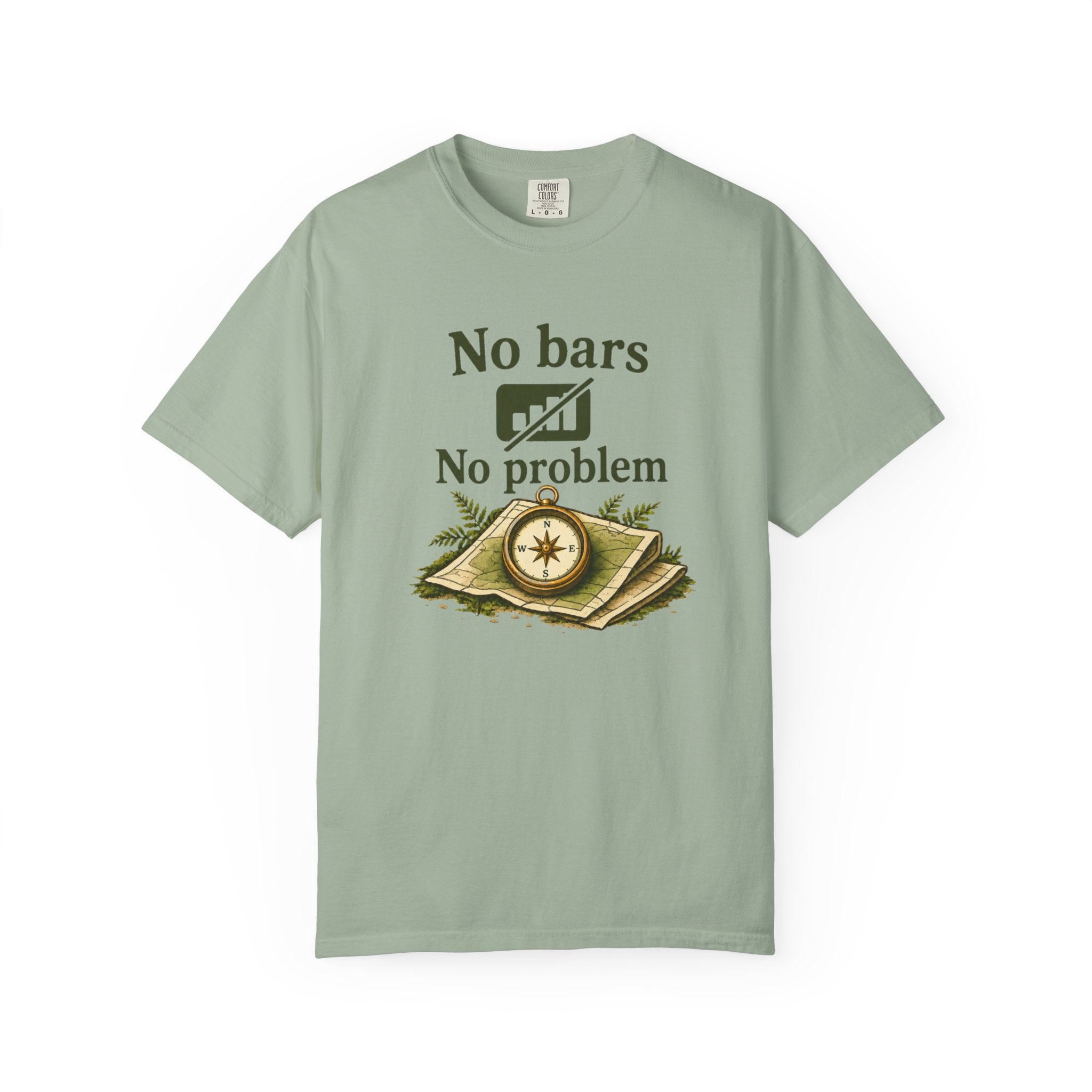 T-Shirt — "No bars No problem" Compass & Map Adventure Tee