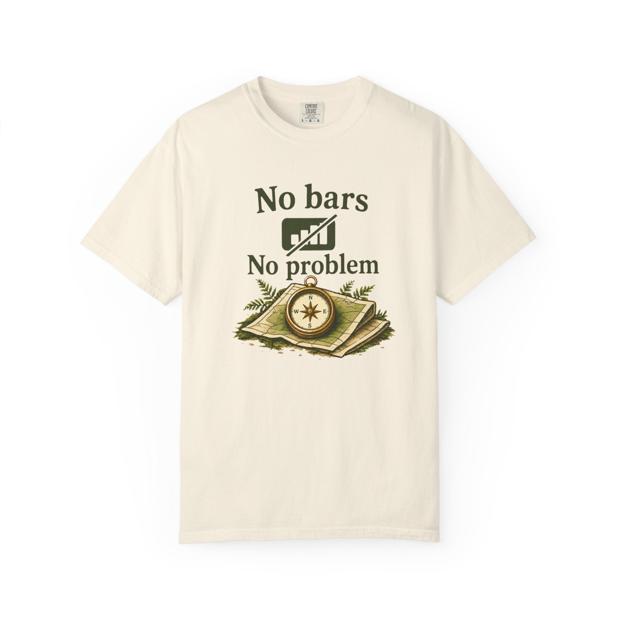 T-Shirt — "No bars No problem" Compass & Map Adventure Tee