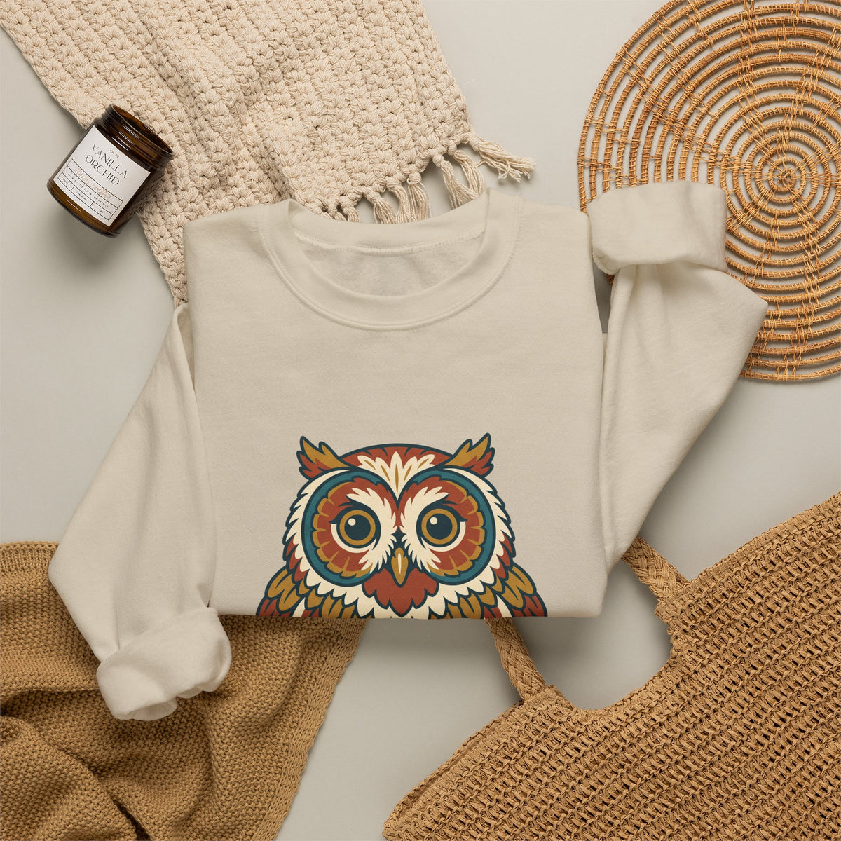 Round Owl Crewneck, Cute Woodland Bird Lover Sweatshirt