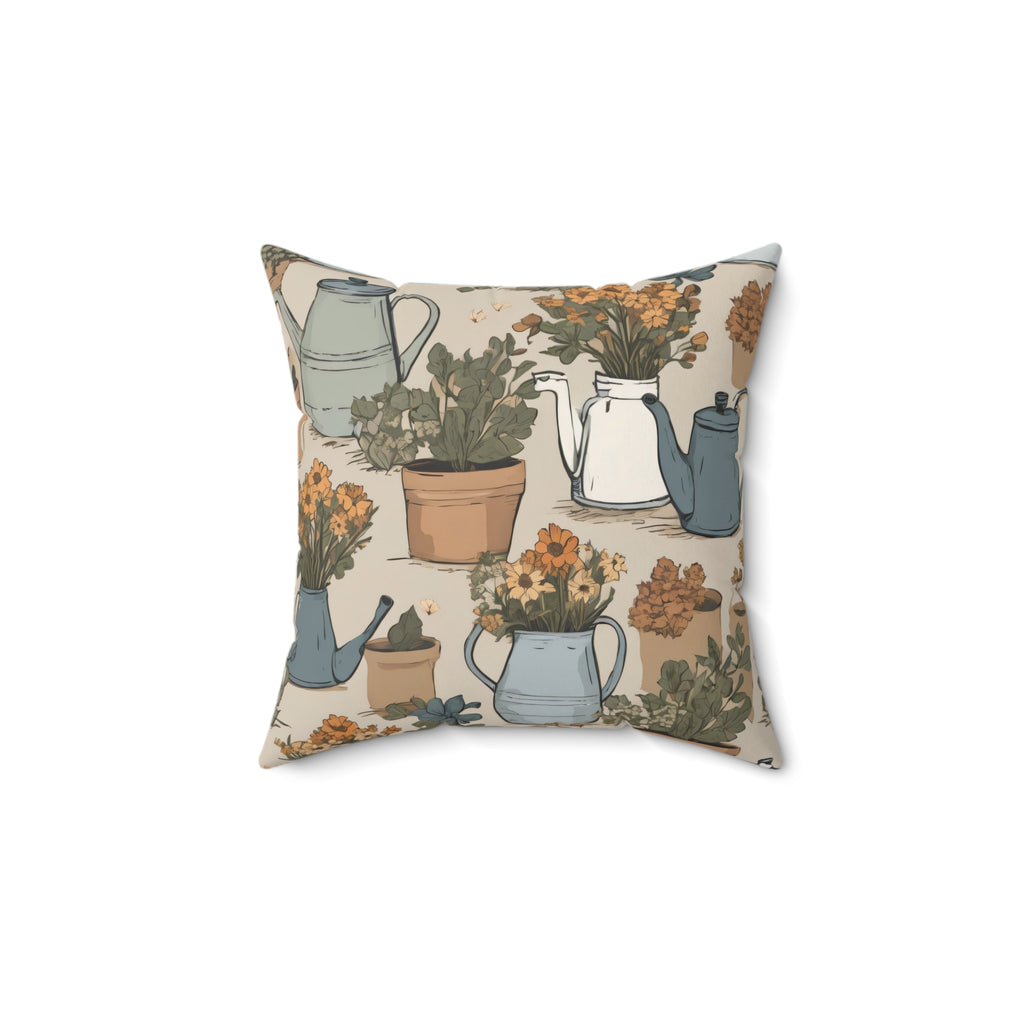 Garden Watering Can Floral Pillow — Vintage Botanical Throw Cushion