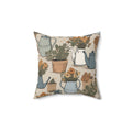Garden Watering Can Floral Pillow — Vintage Botanical Throw Cushion