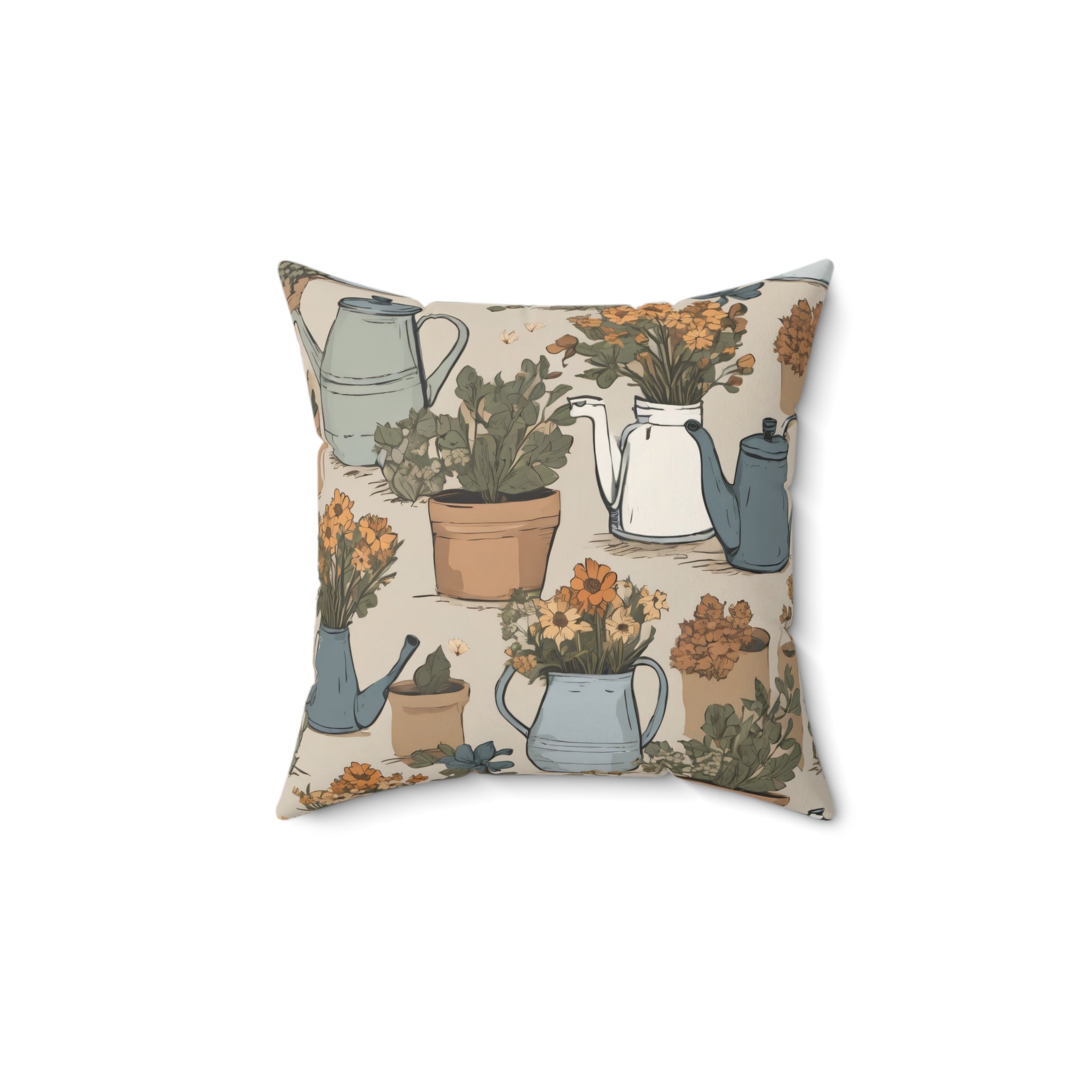 Garden Watering Can Floral Pillow — Vintage Botanical Throw Cushion
