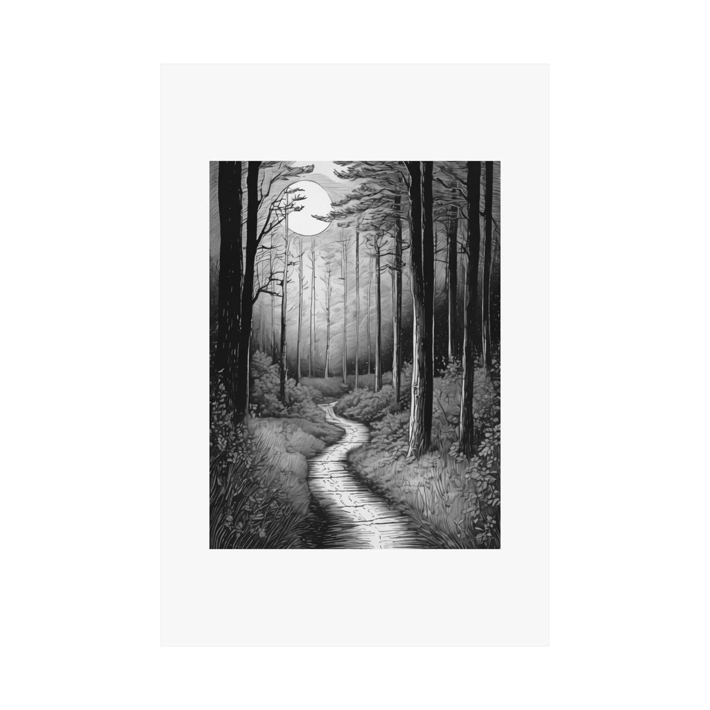 Monochrome Moonlit Forest Poster — Matte Vertical Wall Art