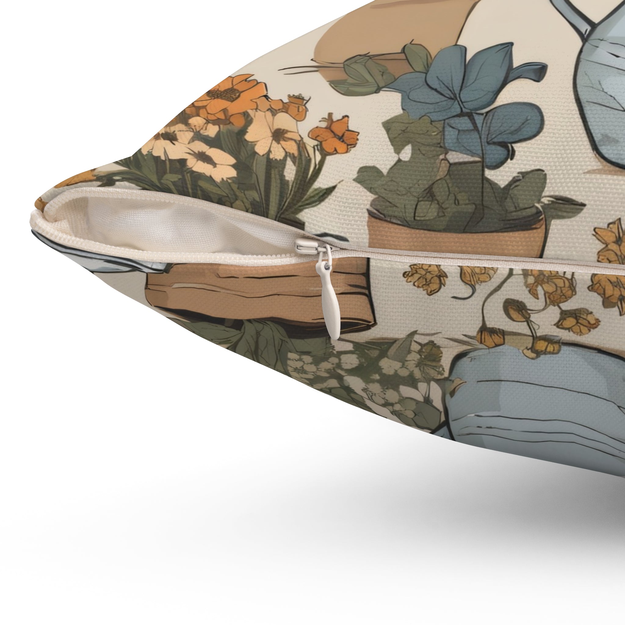 Garden Watering Can Floral Pillow — Vintage Botanical Throw Cushion