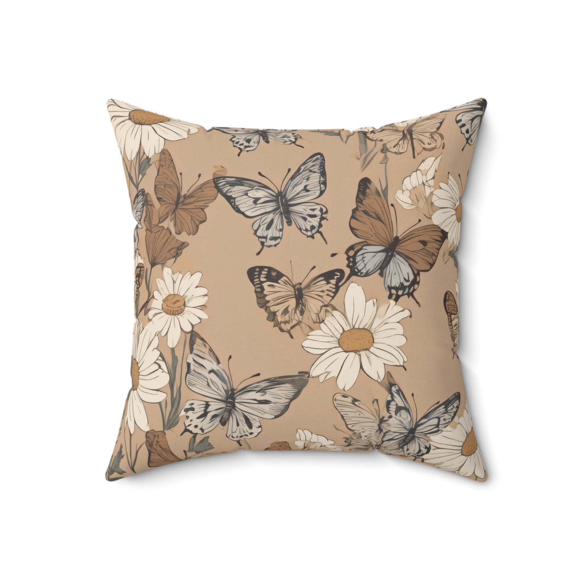 Daisy & Butterfly Decorative Pillow — Neutral Boho Floral Throw Cushion