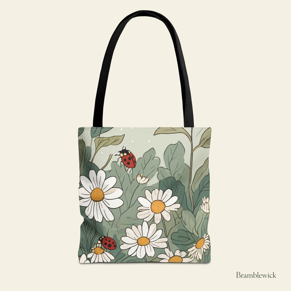 Daisy & Ladybug Tote Bag – Floral Spring Garden All-Over Print