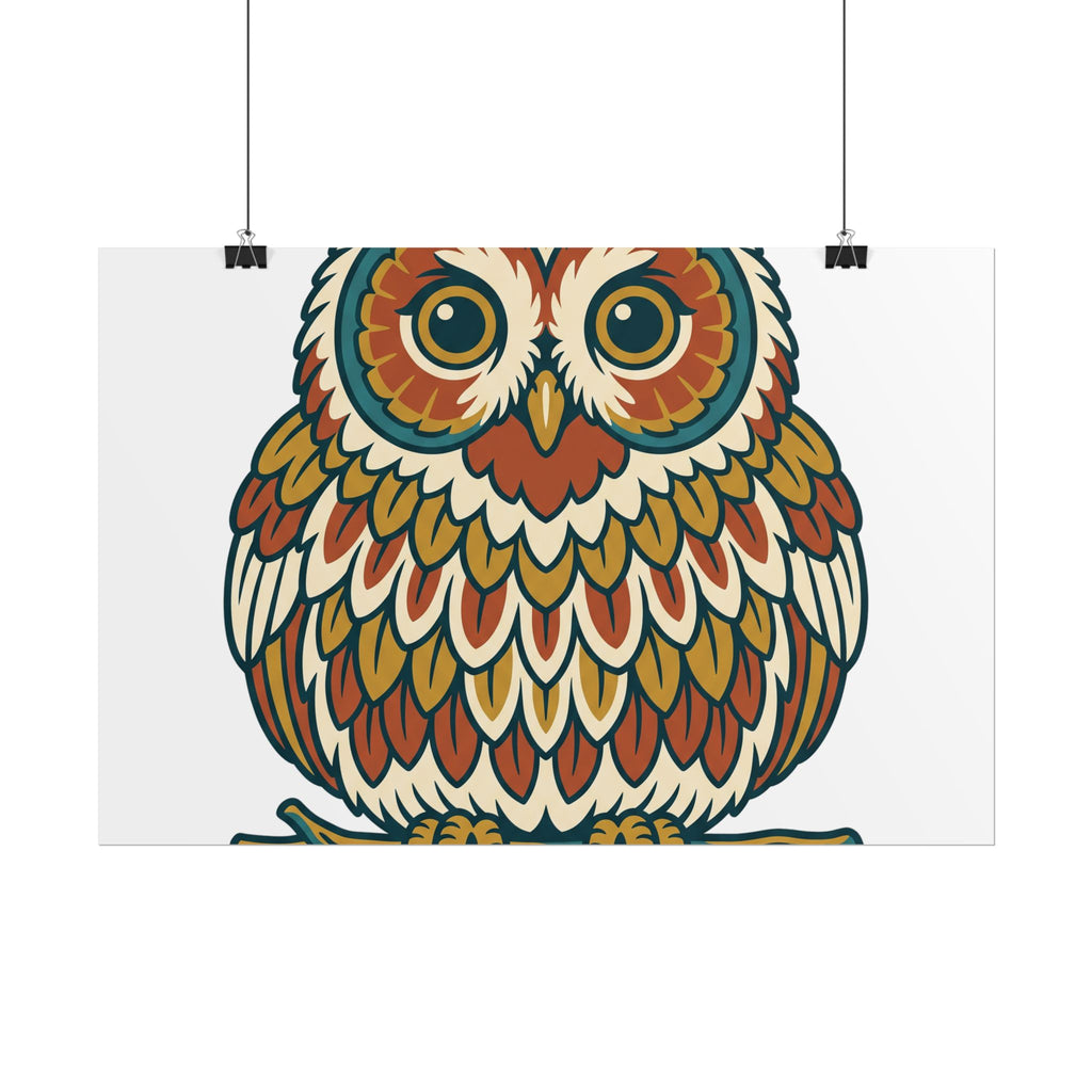 Round Owl Poster, original woodland wall art printed to order