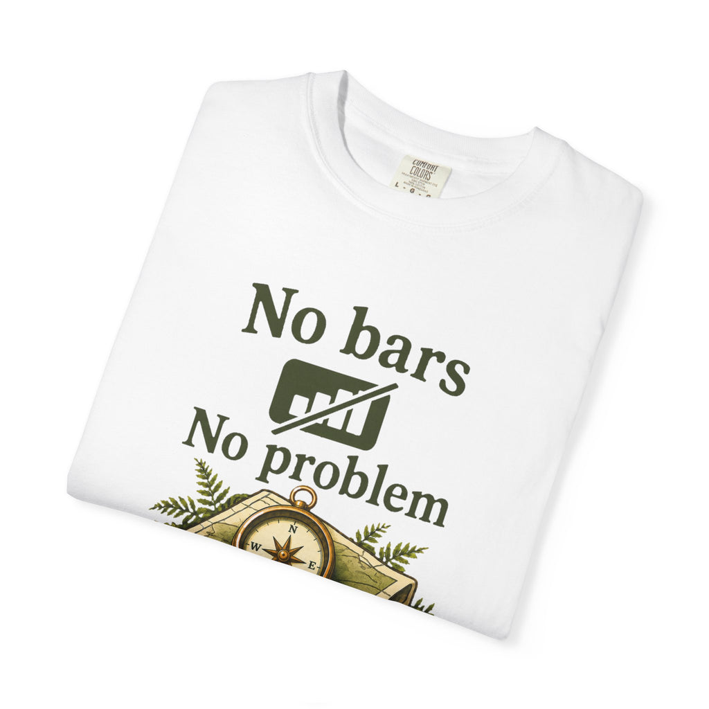 T-Shirt — "No bars No problem" Compass & Map Adventure Tee