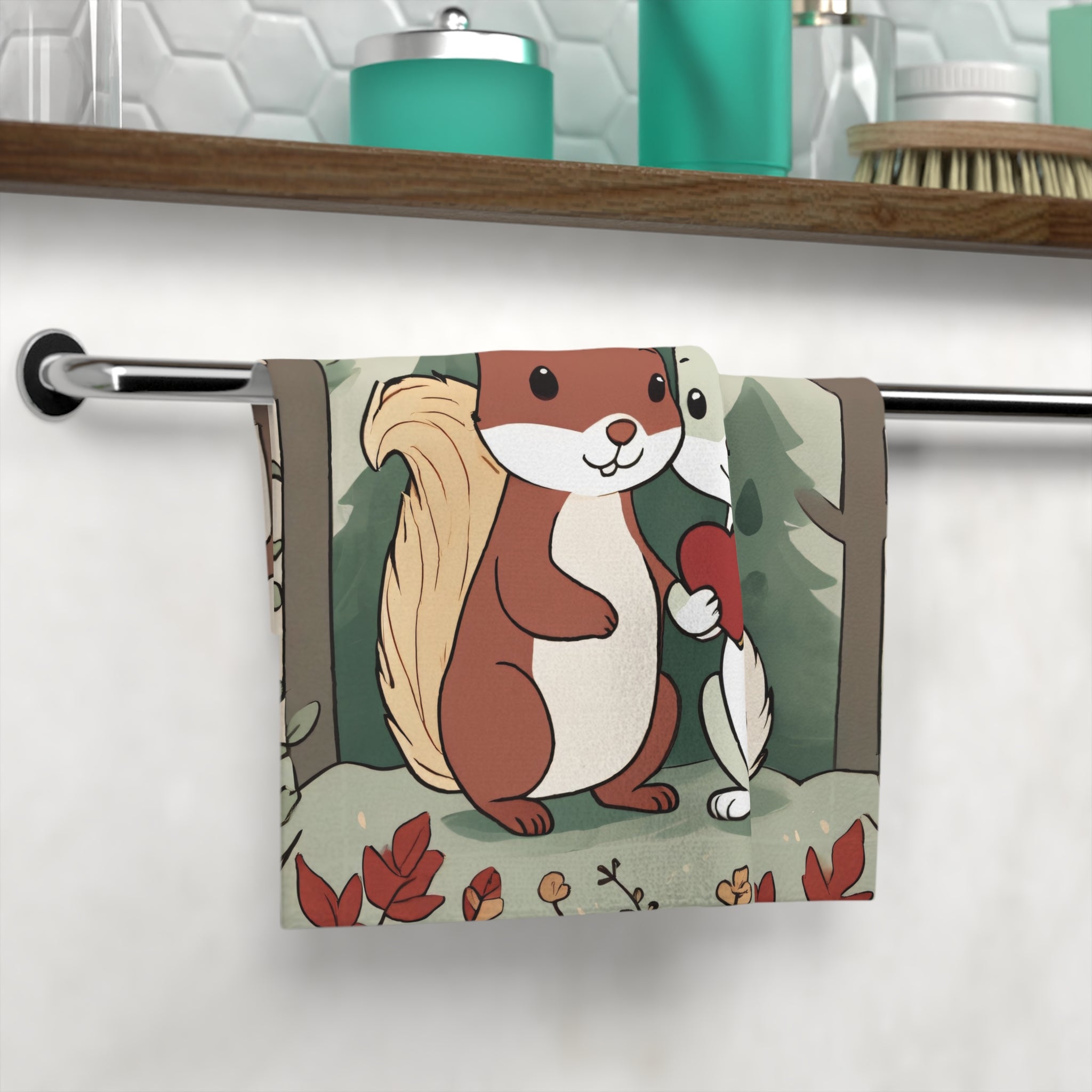 Cute Squirrel Couple Face Towel — Woodland Heart Nursery Hand Towel
