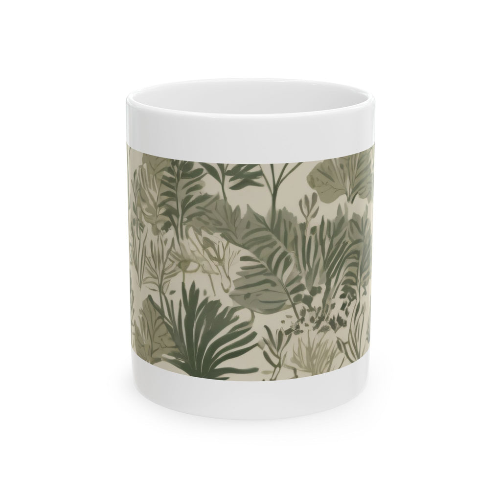 Botanical Leaves Ceramic Mug — Green Tropical Pattern Coffee Cup (11oz, 15oz)