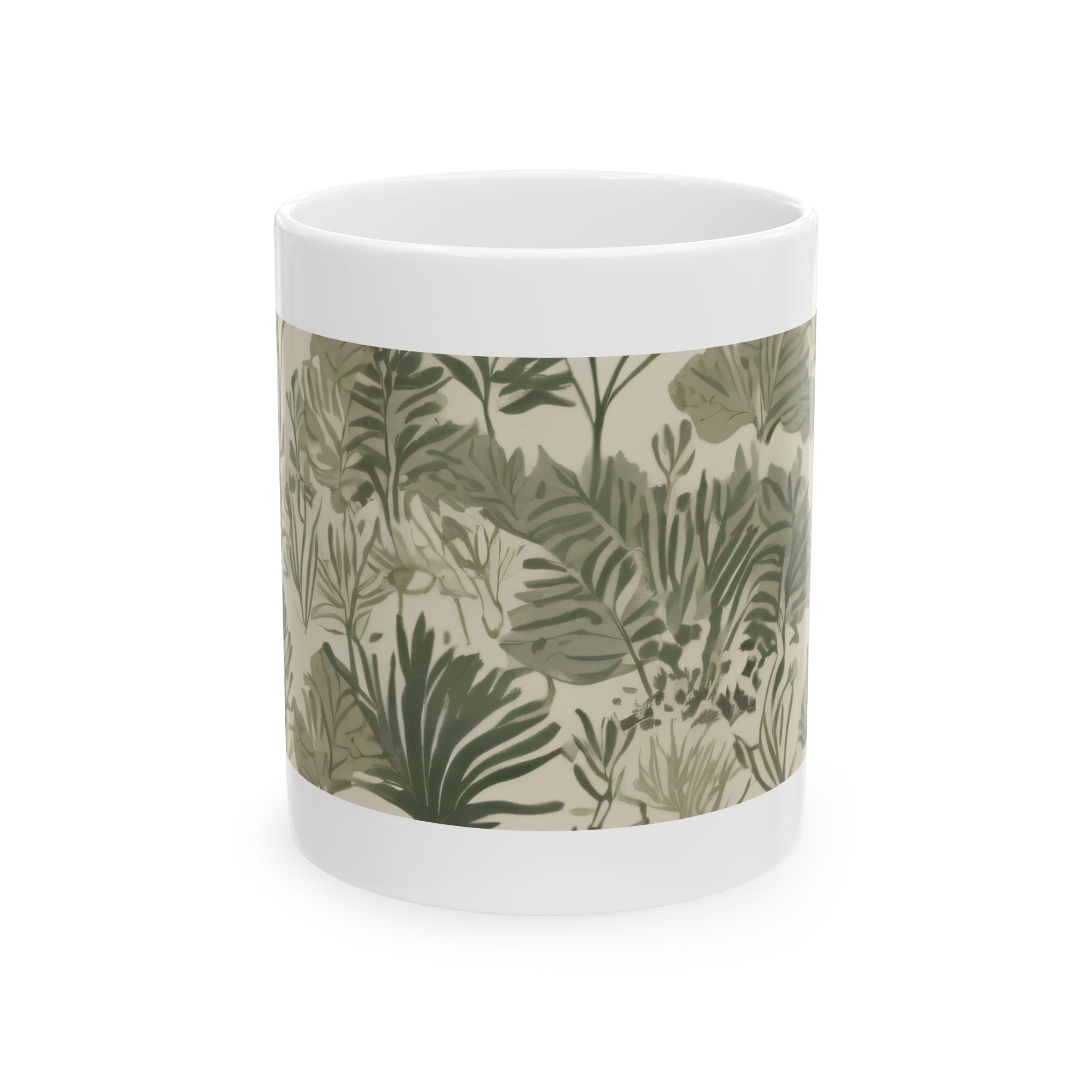 Botanical Leaves Ceramic Mug — Green Tropical Pattern Coffee Cup (11oz, 15oz)
