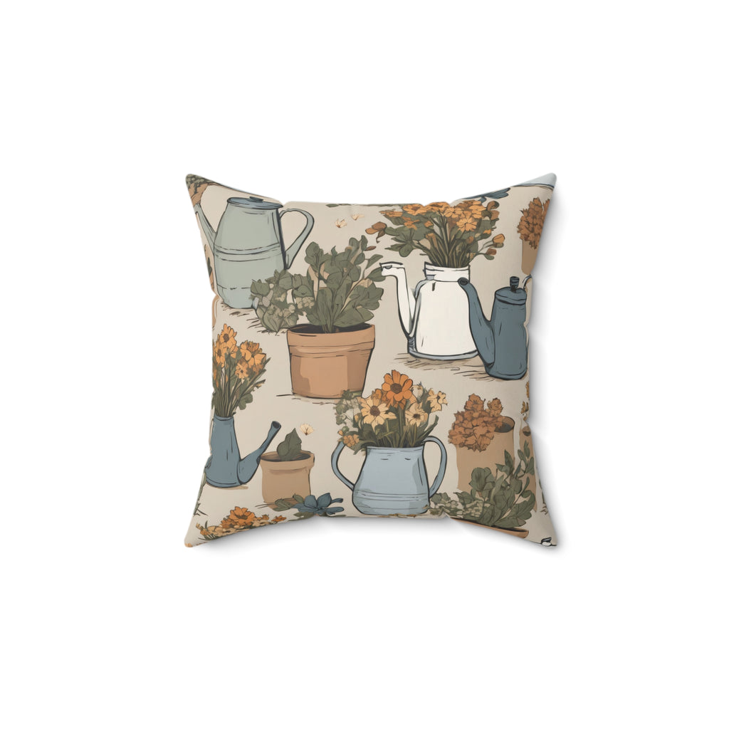 Garden Watering Can Floral Pillow — Vintage Botanical Throw Cushion