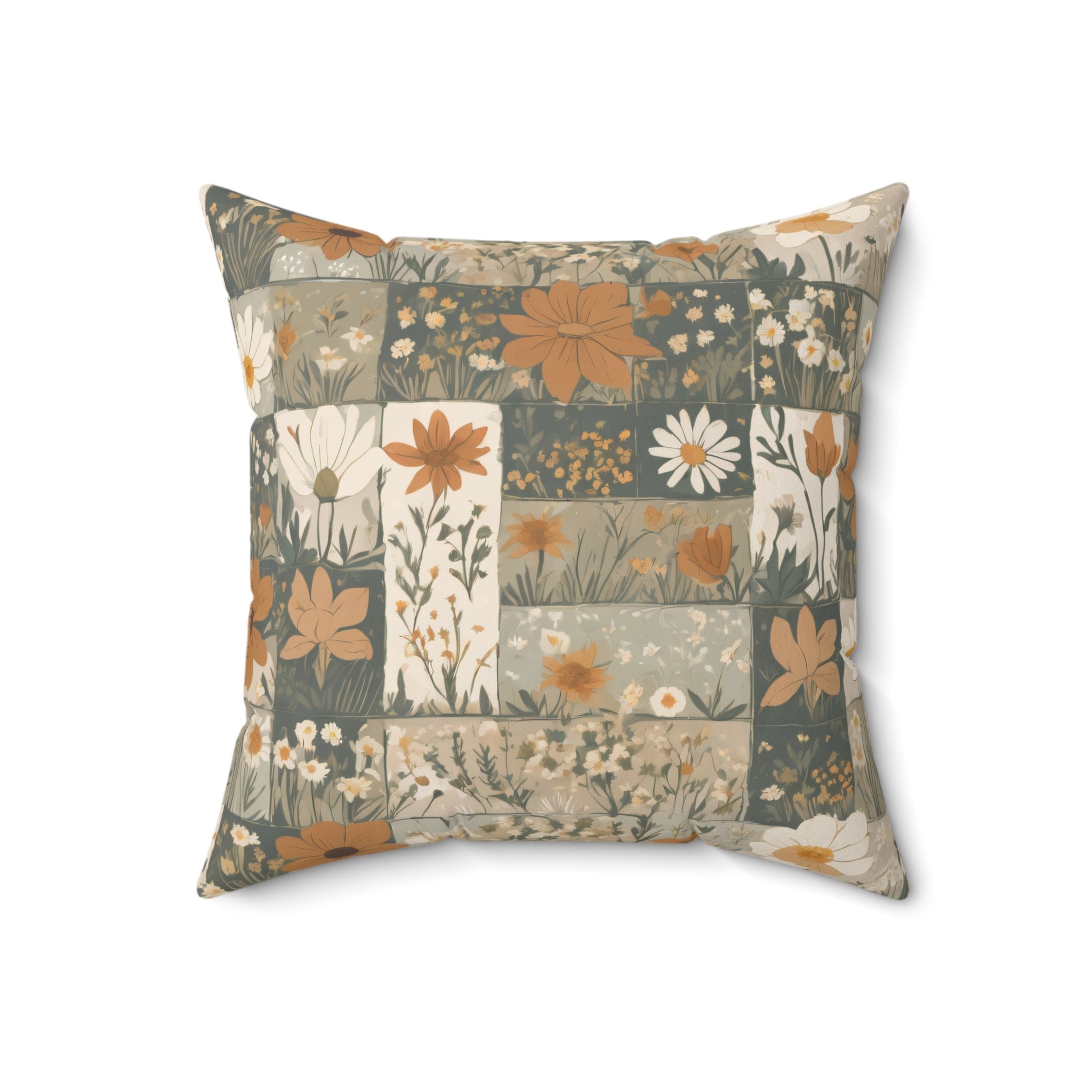 Floral Patchwork Throw Pillow — Vintage Daisy & Wildflower Decorative Cushion
